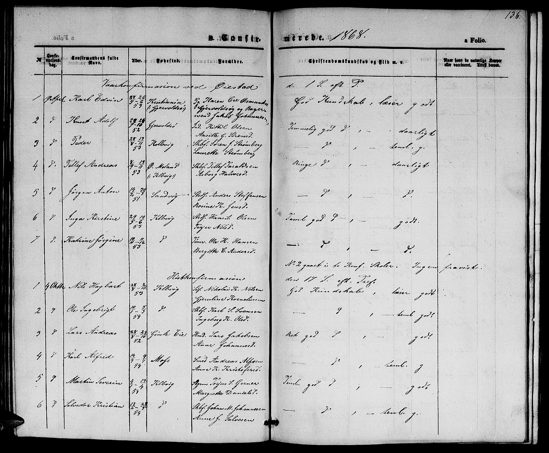 Hisøy sokneprestkontor, AV/SAK-1111-0020/F/Fb/L0001: Parish register (copy) no. B 1, 1849-1872, p. 136