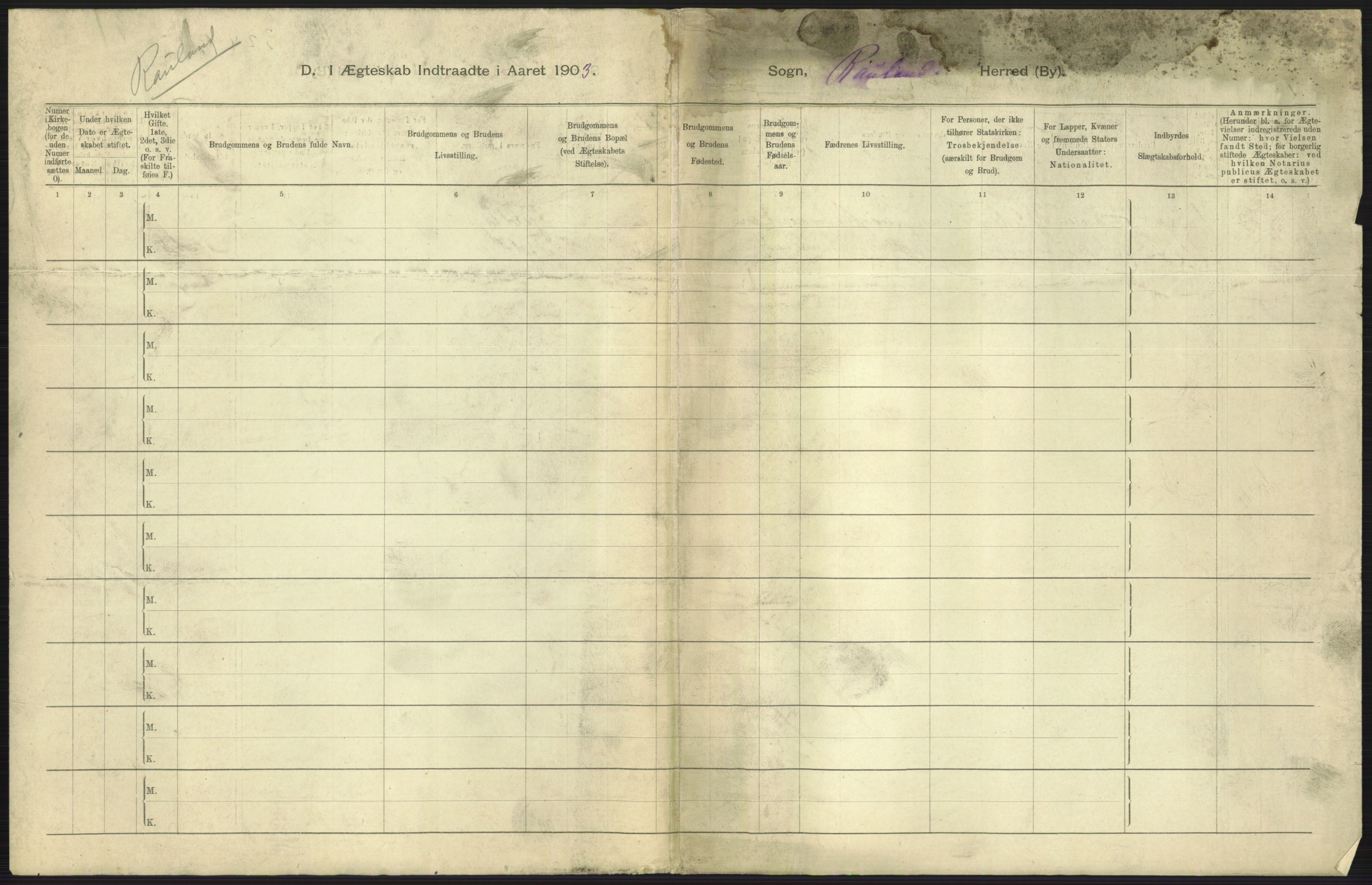 Statistisk sentralbyrå, Sosiodemografiske emner, Befolkning, AV/RA-S-2228/D/Df/Dfa/Dfaa/L0009: Bratsberg amt: Fødte, gifte, døde, 1903, p. 355