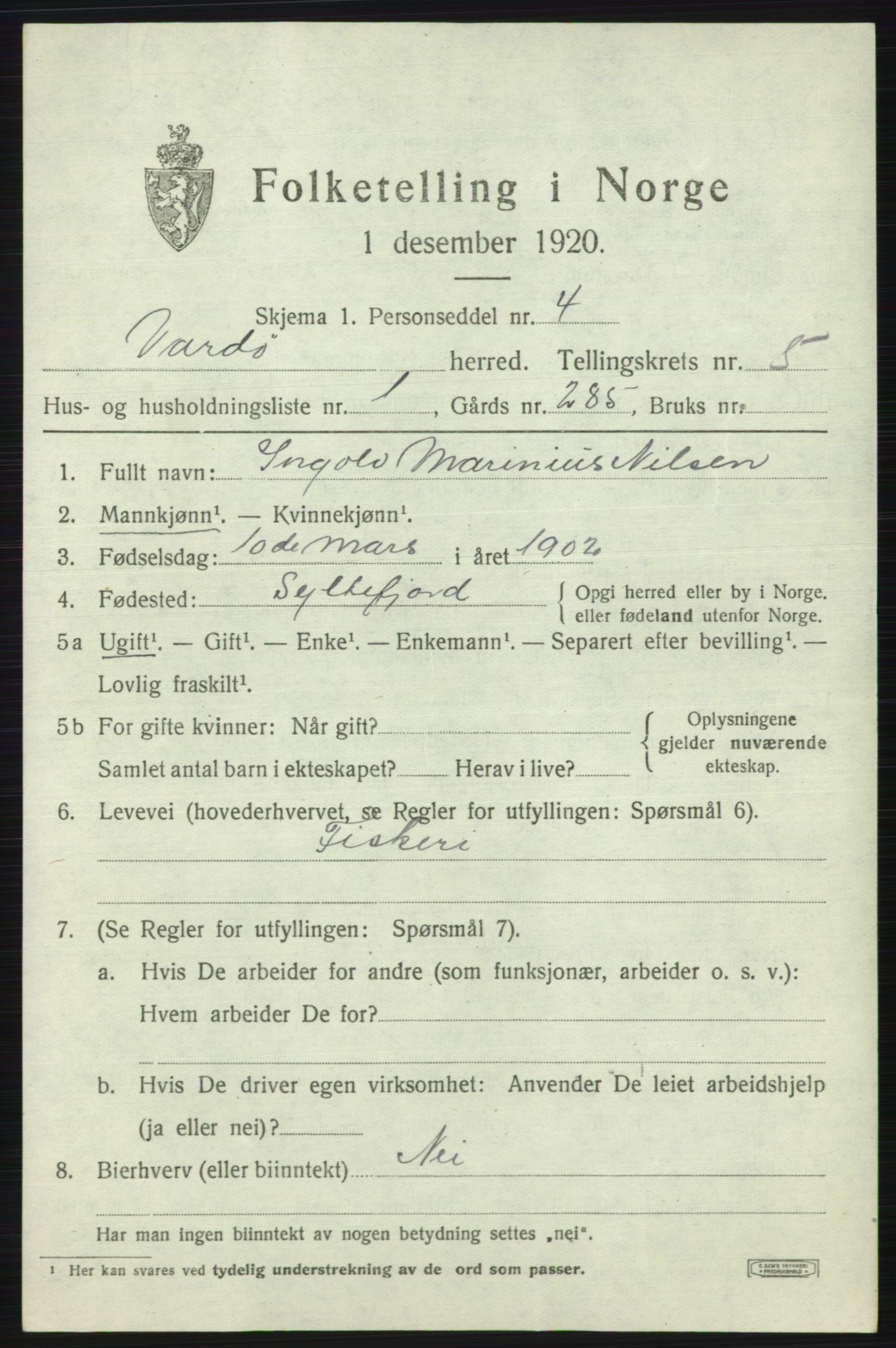 SATØ, 1920 census for Vardø rural district, 1920, p. 2592