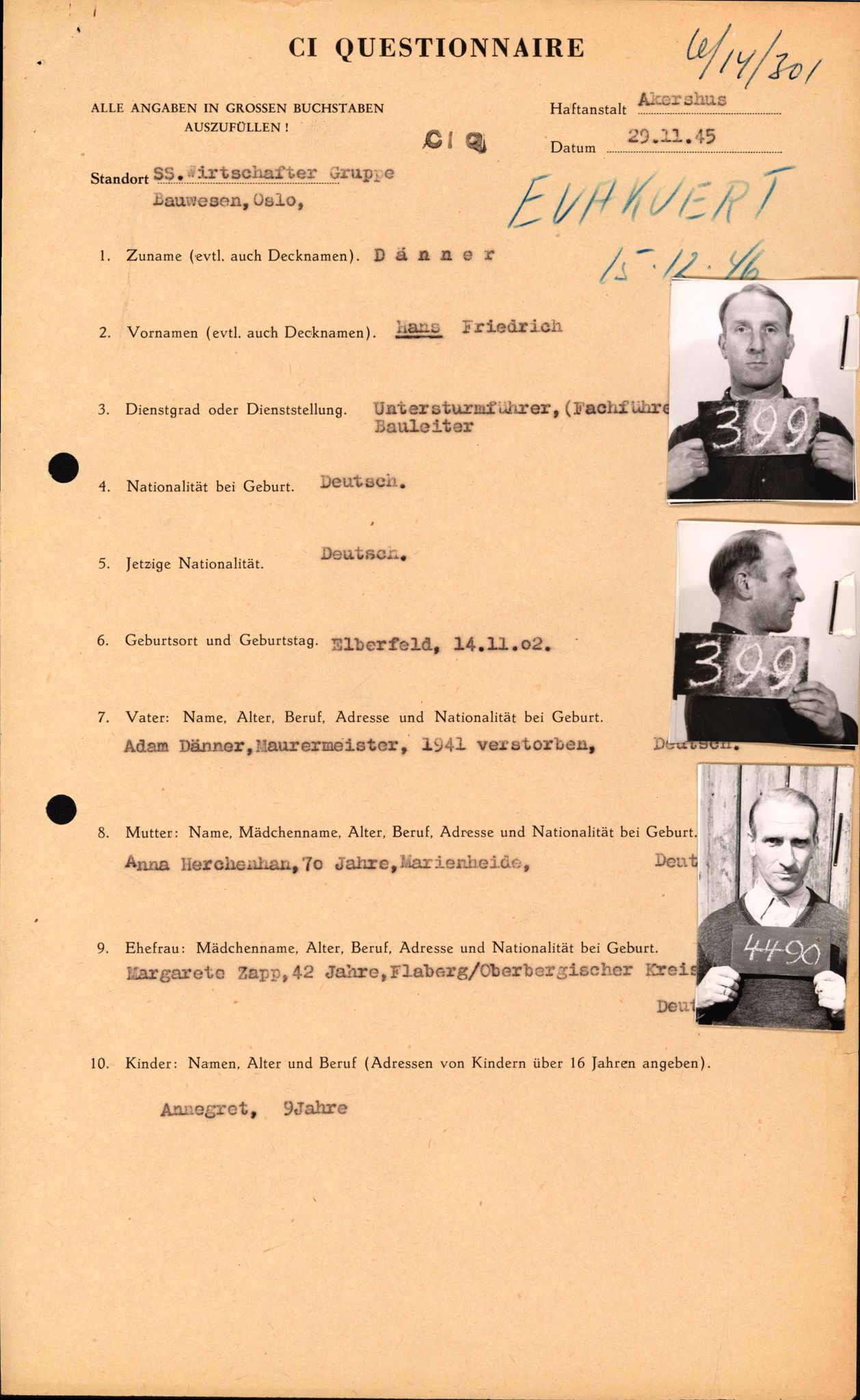 Forsvaret, Forsvarets overkommando II, AV/RA-RAFA-3915/D/Db/L0006: CI Questionaires. Tyske okkupasjonsstyrker i Norge. Tyskere., 1945-1946, p. 370