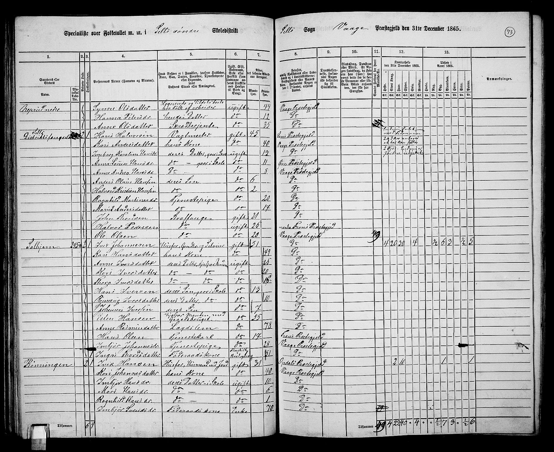 RA, 1865 census for Vågå, 1865, p. 233