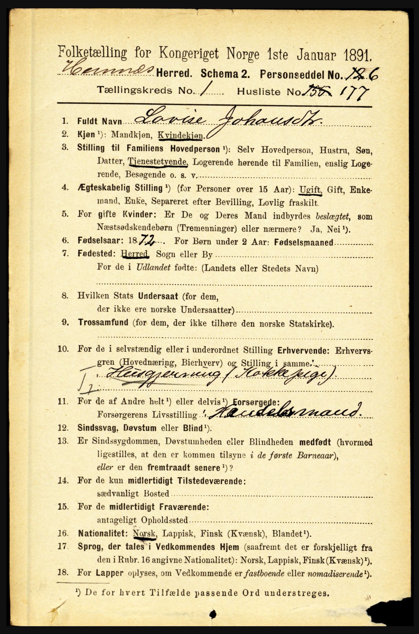 RA, 1891 census for 1832 Hemnes, 1891, p. 1210