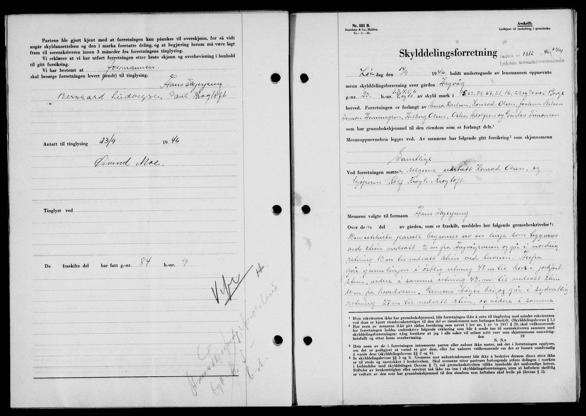 Lofoten sorenskriveri, SAT/A-0017/1/2/2C/L0014a: Mortgage book no. 14a, 1946-1946, Diary no: : 1312/1946