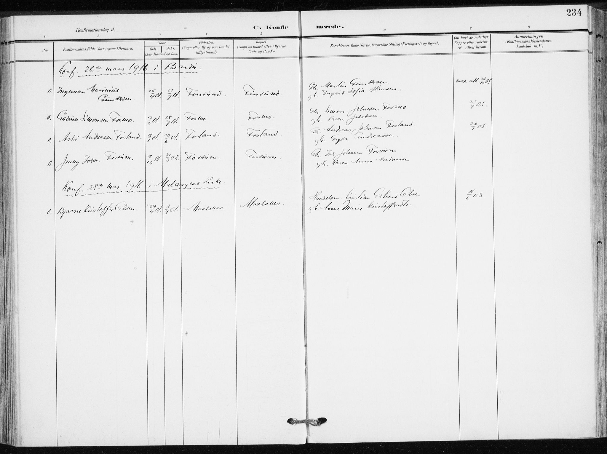 Målselv sokneprestembete, AV/SATØ-S-1311/G/Ga/Gaa/L0011kirke: Parish register (official) no. 11, 1904-1918, p. 234