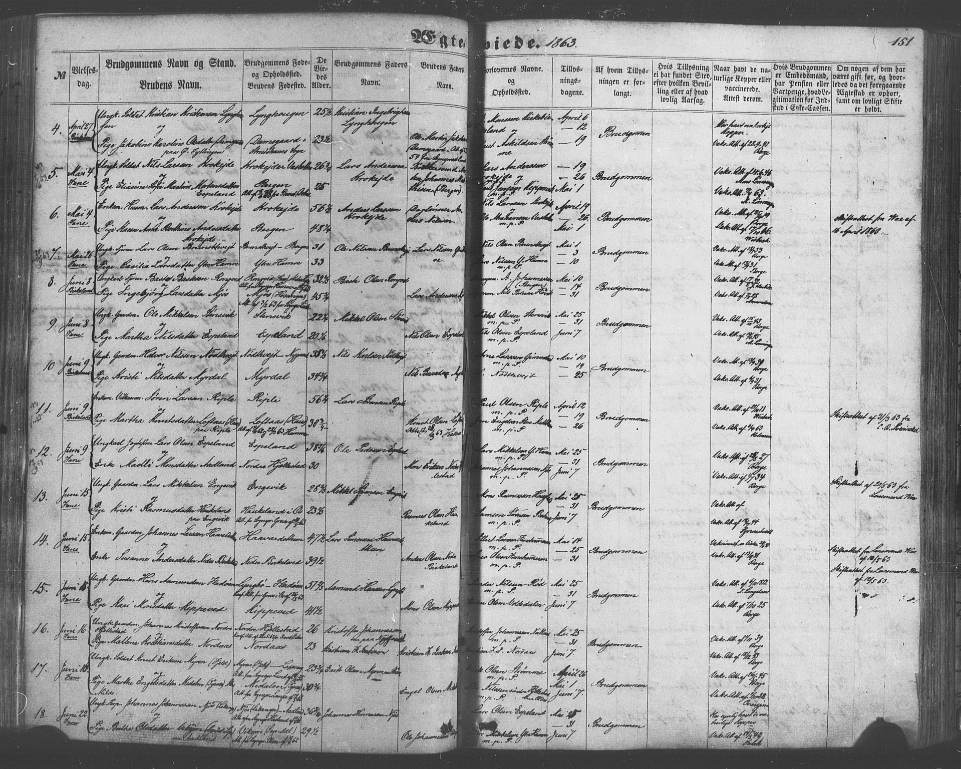 Fana Sokneprestembete, AV/SAB-A-75101/H/Haa/Haaa/L0012: Parish register (official) no. A 12, 1862-1878, p. 151