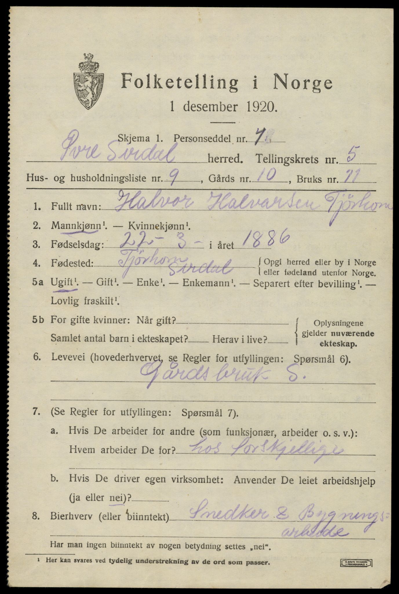 SAK, 1920 census for Øvre Sirdal, 1920, p. 1039