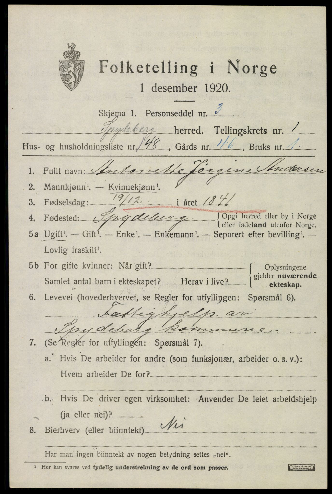 SAO, 1920 census for Spydeberg, 1920, p. 2805