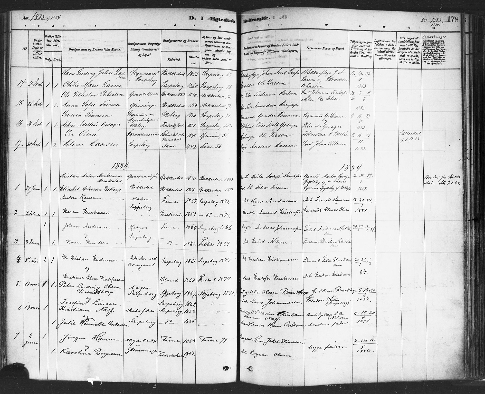 Sarpsborg prestekontor Kirkebøker, SAO/A-2006/F/Fa/L0003: Parish register (official) no. 3, 1878-1891, p. 178