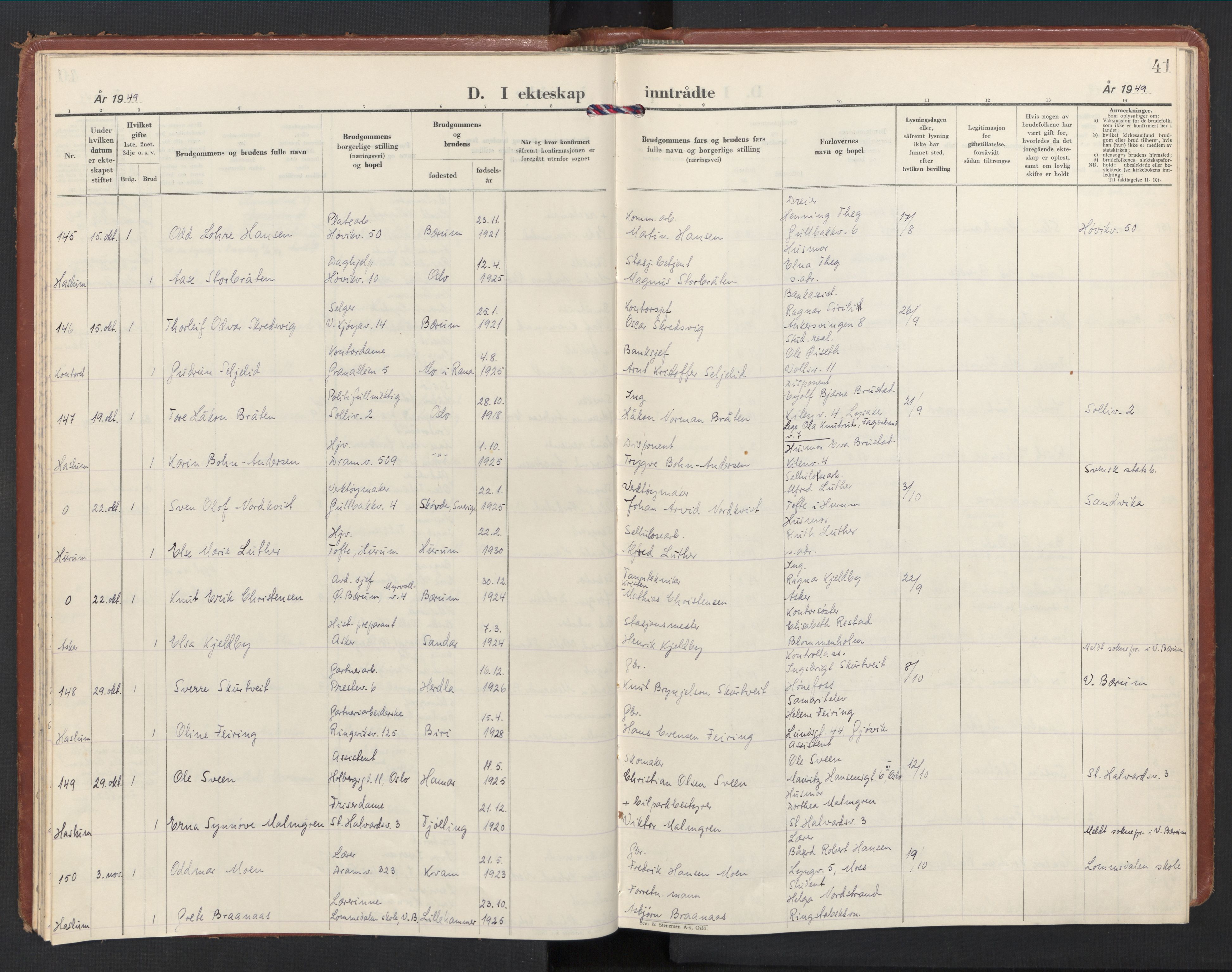 Østre Bærum prestekontor Kirkebøker, AV/SAO-A-10887/F/Fa/L0011: Parish register (official) no. 11, 1948-1956, p. 41