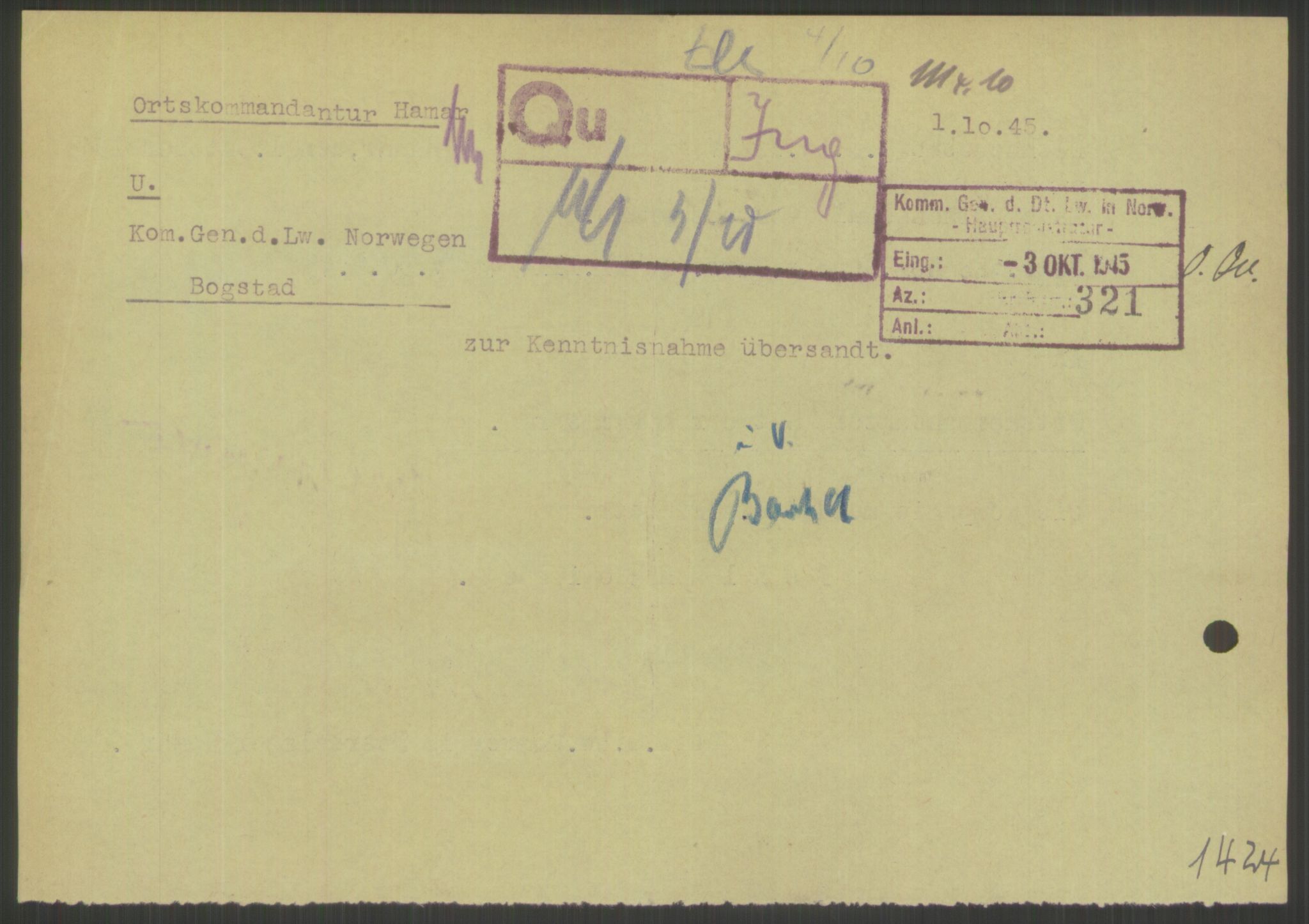 Deutscher Oberbefehlshaber Norwegen (DOBN), AV/RA-RAFA-2197/D/Di/L0066: AOK 20/WBN-DOBN Luftwaffe/Komm G. d.Dt.Lw. in Norwegen, 1945, p. 852