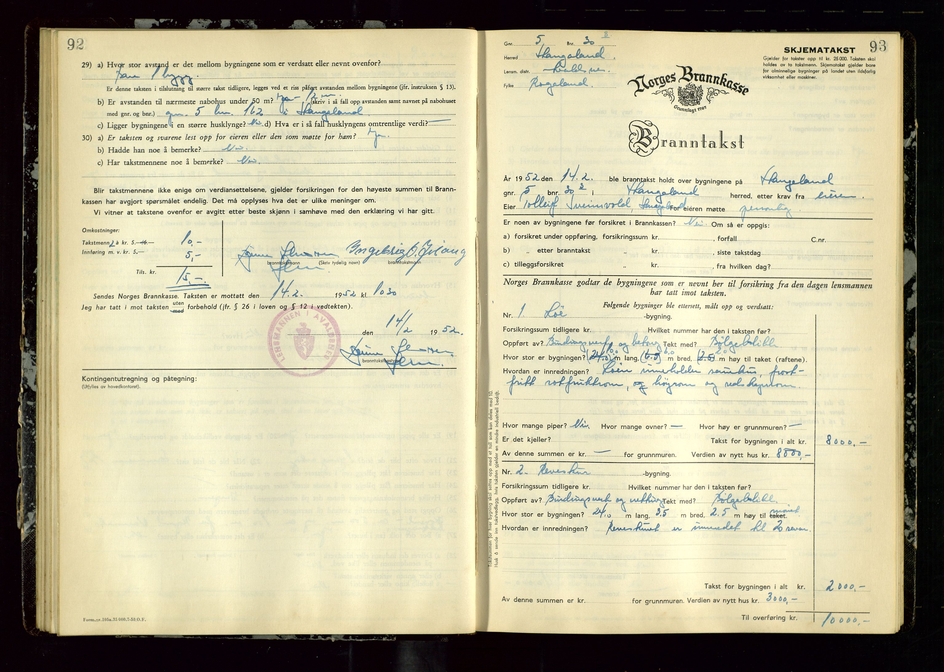 Avaldsnes lensmannskontor, AV/SAST-A-100286/Gob/L0003: "Branntakstprotokoll for Avaldsnes lensmannsdistrikt ", 1950-1952, p. 92-93