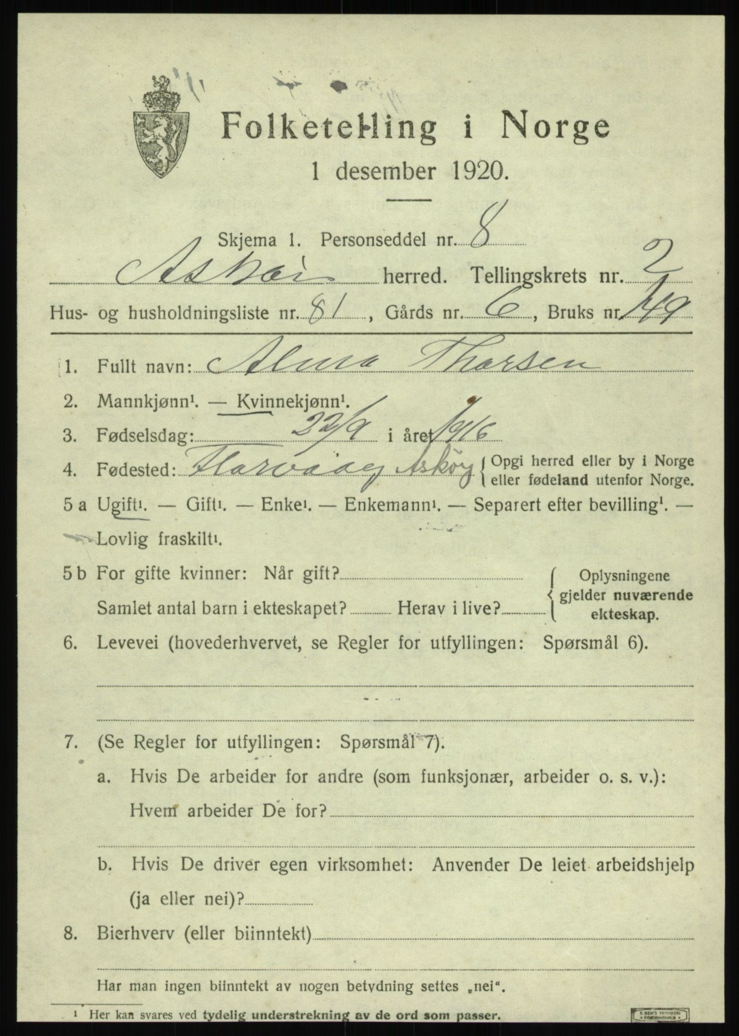 SAB, 1920 census for Askøy, 1920, p. 5508