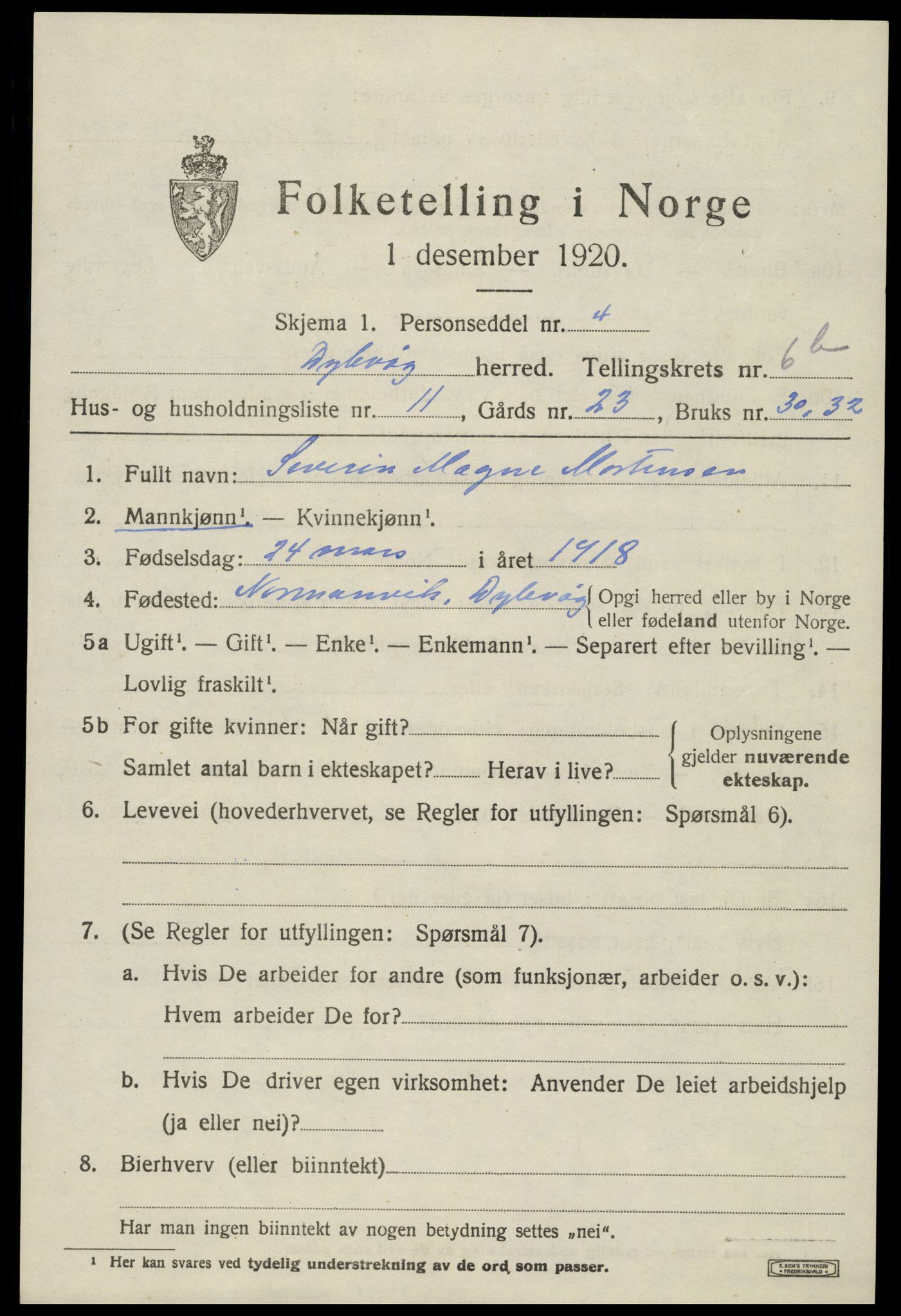 SAK, 1920 census for Dypvåg, 1920, p. 5533