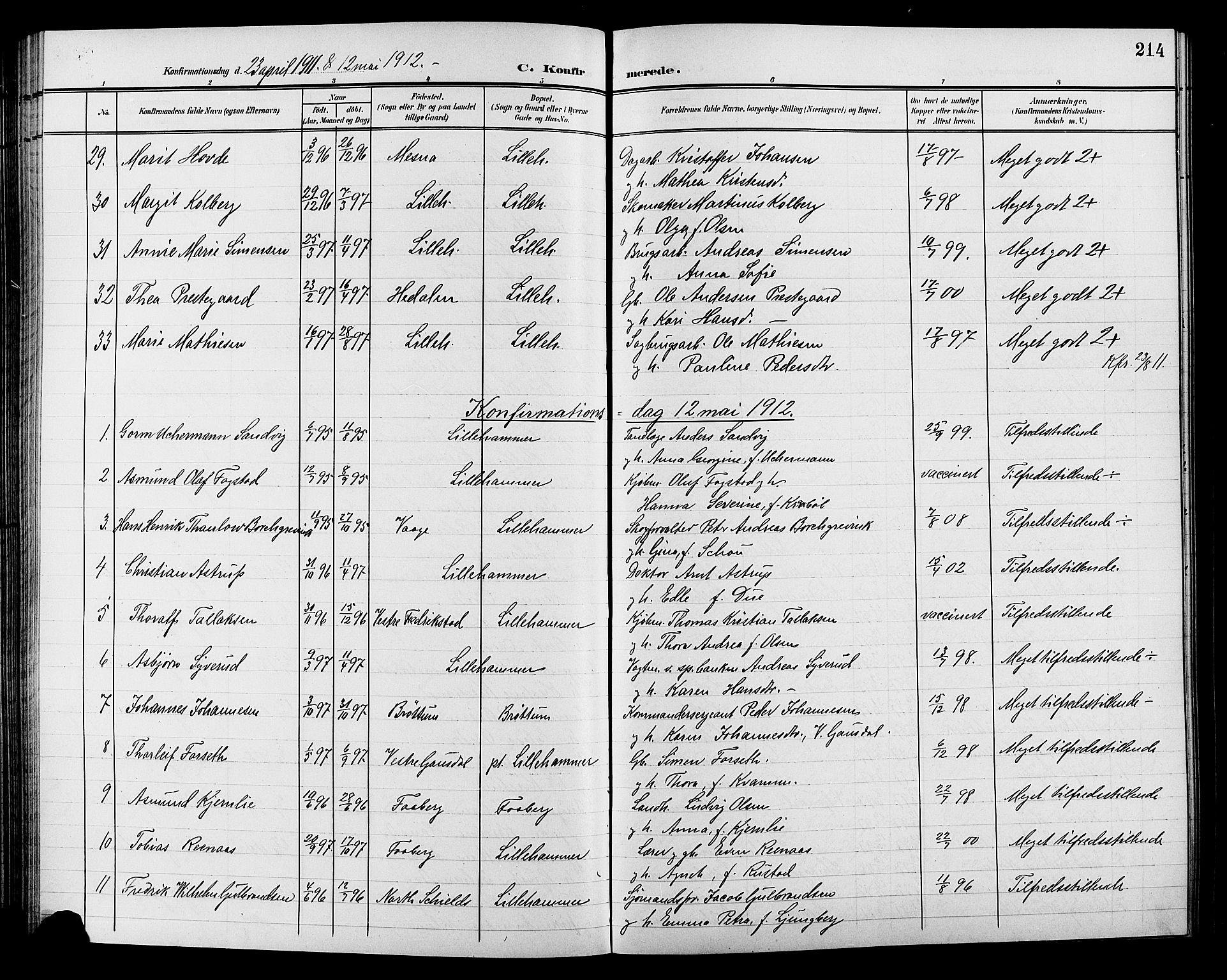 Lillehammer prestekontor, SAH/PREST-088/H/Ha/Hab/L0001: Parish register (copy) no. 1, 1901-1913, p. 214
