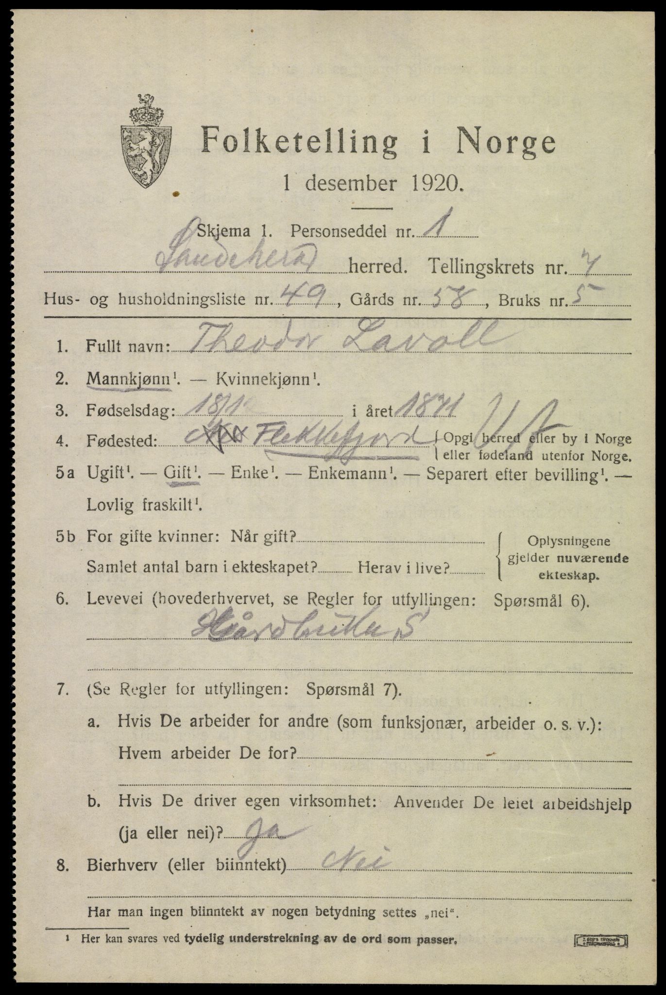 SAKO, 1920 census for Sandeherred, 1920, p. 12488