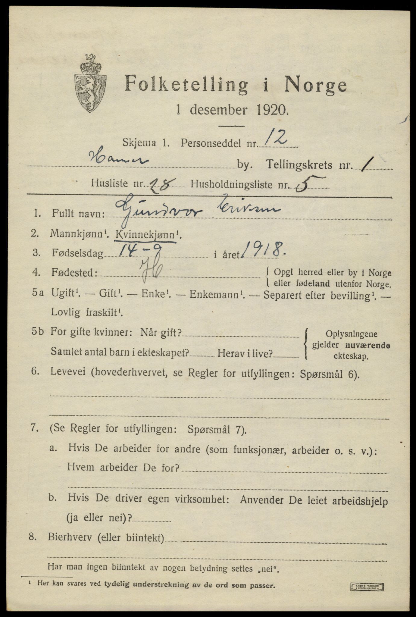 SAH, 1920 census for Hamar, 1920, p. 4885