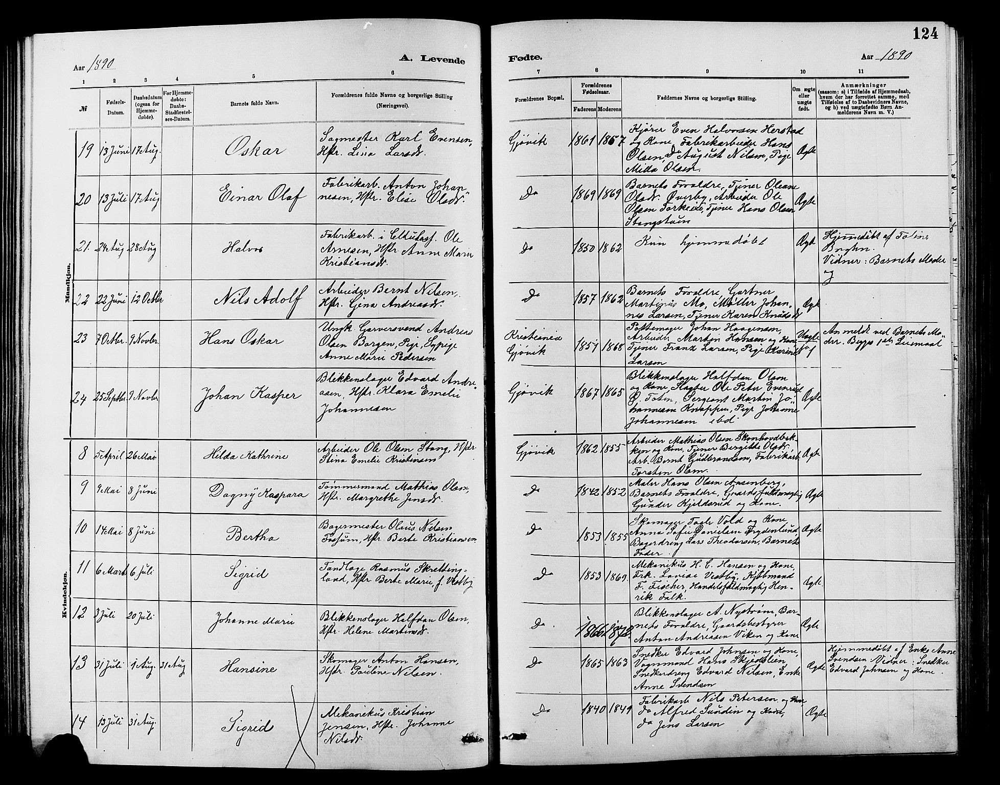 Vardal prestekontor, SAH/PREST-100/H/Ha/Hab/L0007: Parish register (copy) no. 7 /2, 1881-1895, p. 124
