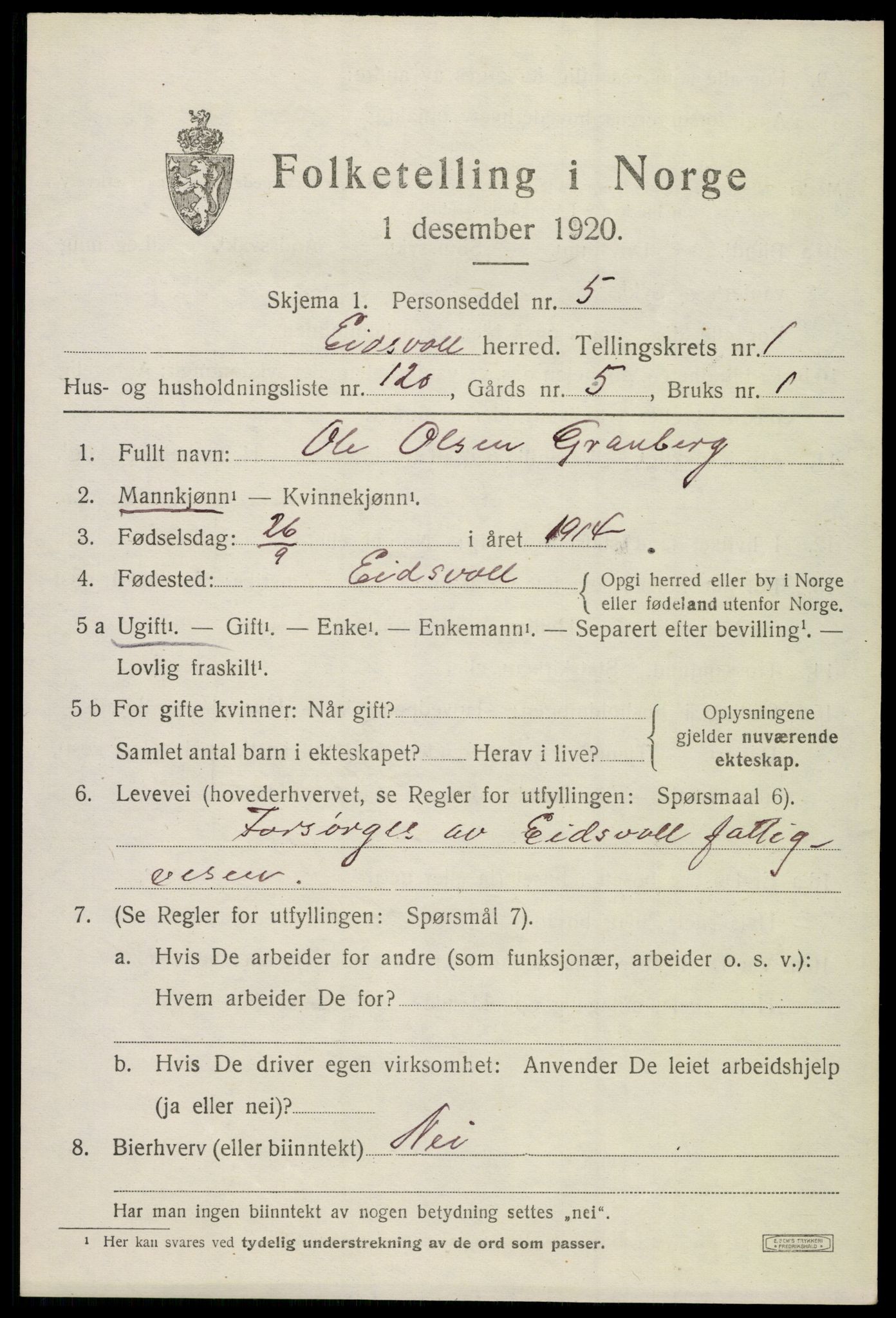 SAO, 1920 census for Eidsvoll, 1920, p. 5079