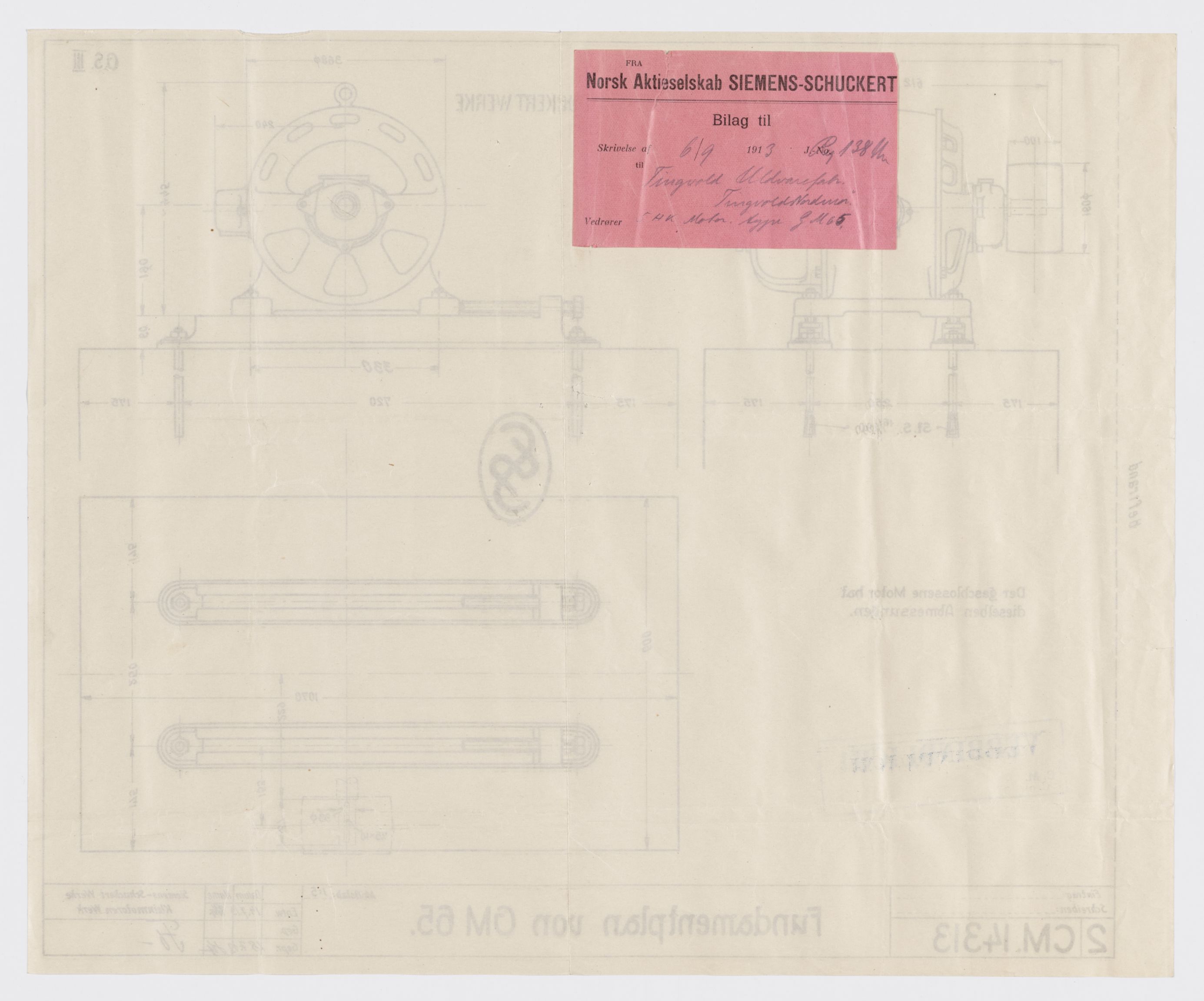 Tingvoll Ullvarefabrikk, IKAM/P-00482/T/Ta/L0007: Tegninger av maskineri fra Siemens-Schuckert Werke, 1911-1913