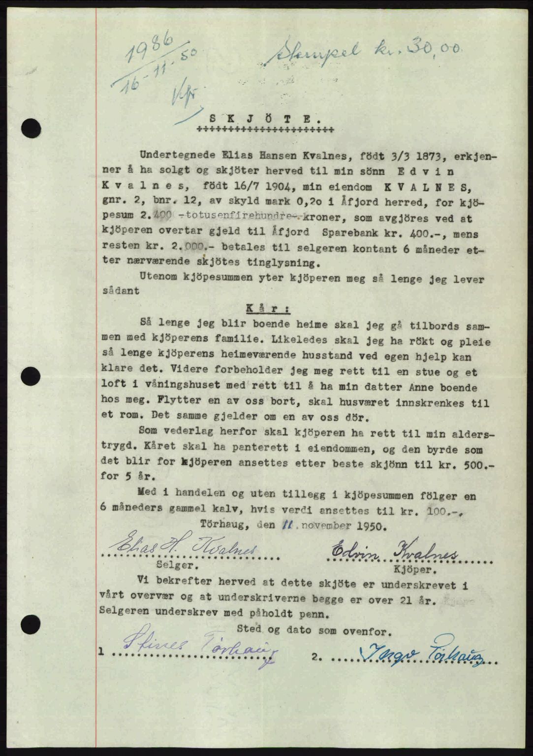 Fosen sorenskriveri, AV/SAT-A-1107/1/2/2C: Mortgage book no. A12, 1950-1950, Diary no: : 1985/1950