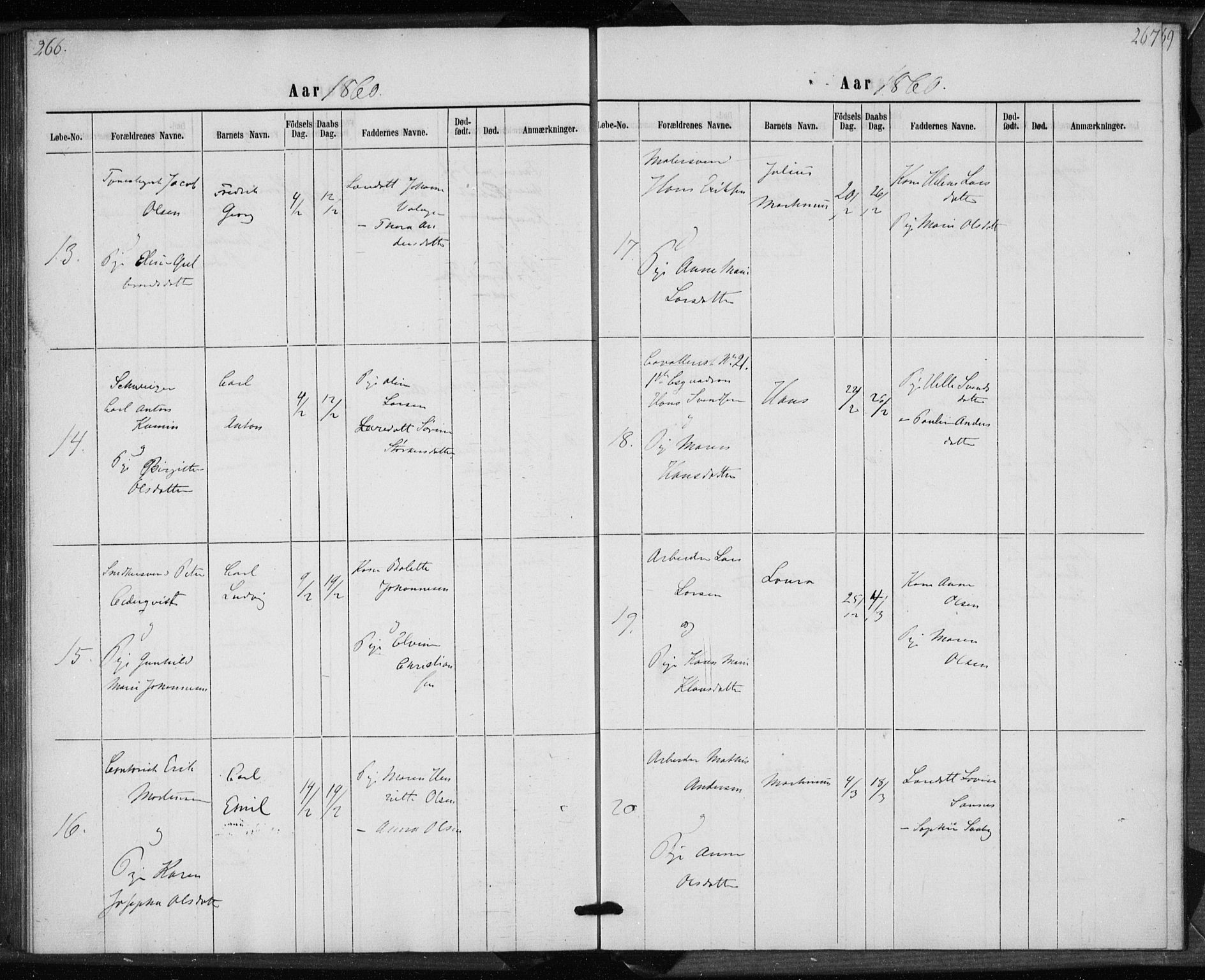 Rikshospitalet prestekontor Kirkebøker, SAO/A-10309b/K/L0002/0001: Baptism register no. 2.1, 1854-1860, p. 266-267