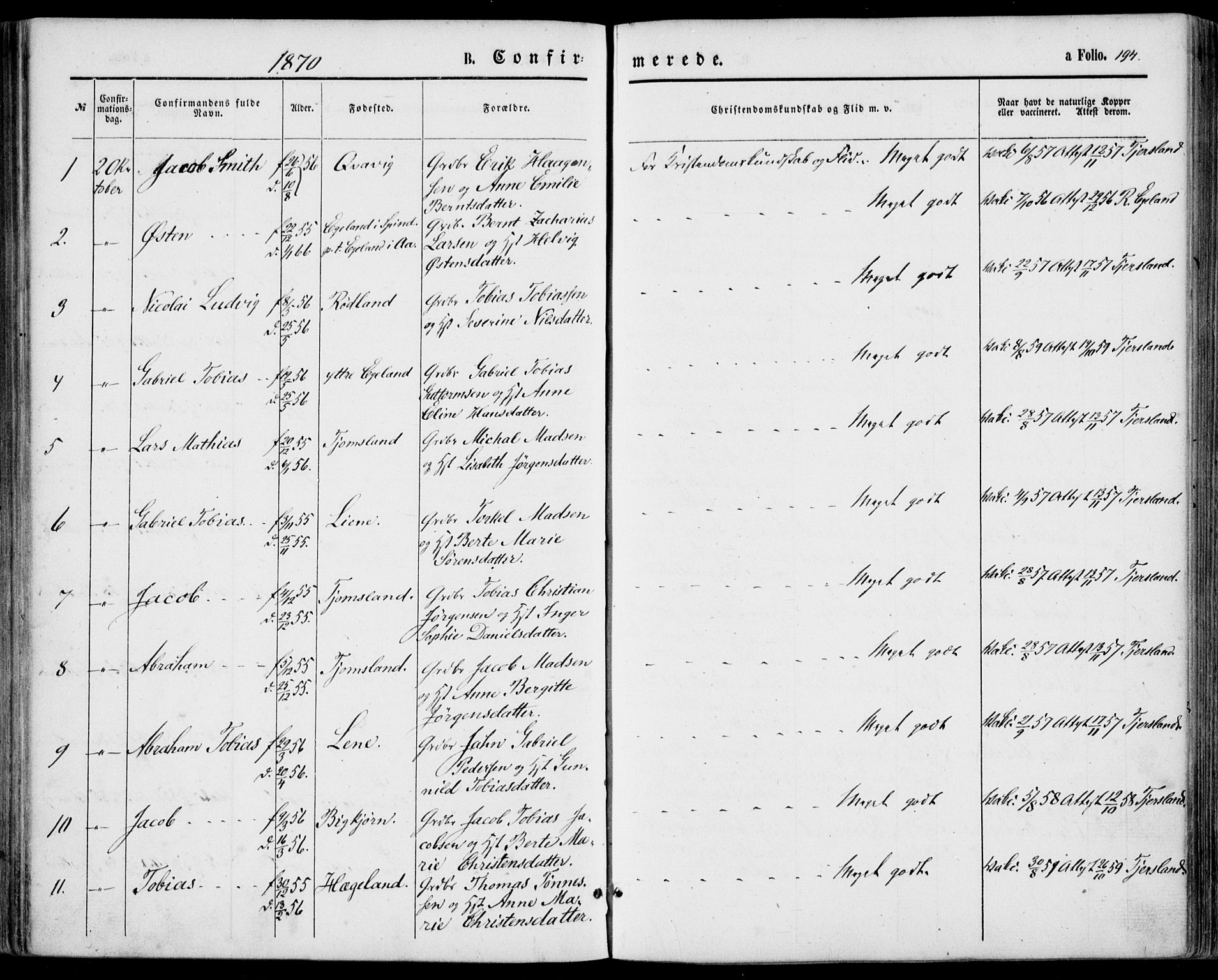 Lyngdal sokneprestkontor, SAK/1111-0029/F/Fa/Fac/L0010: Parish register (official) no. A 10, 1865-1878, p. 194