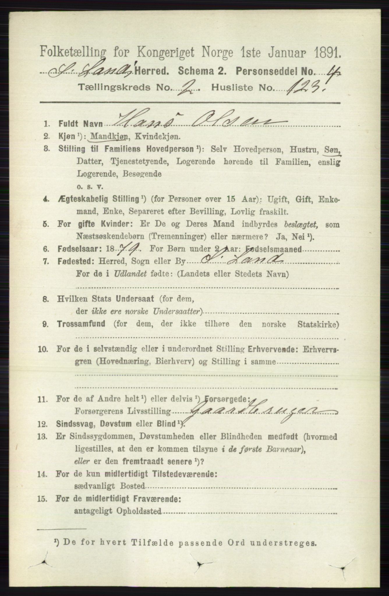 RA, 1891 census for 0536 Søndre Land, 1891, p. 1785