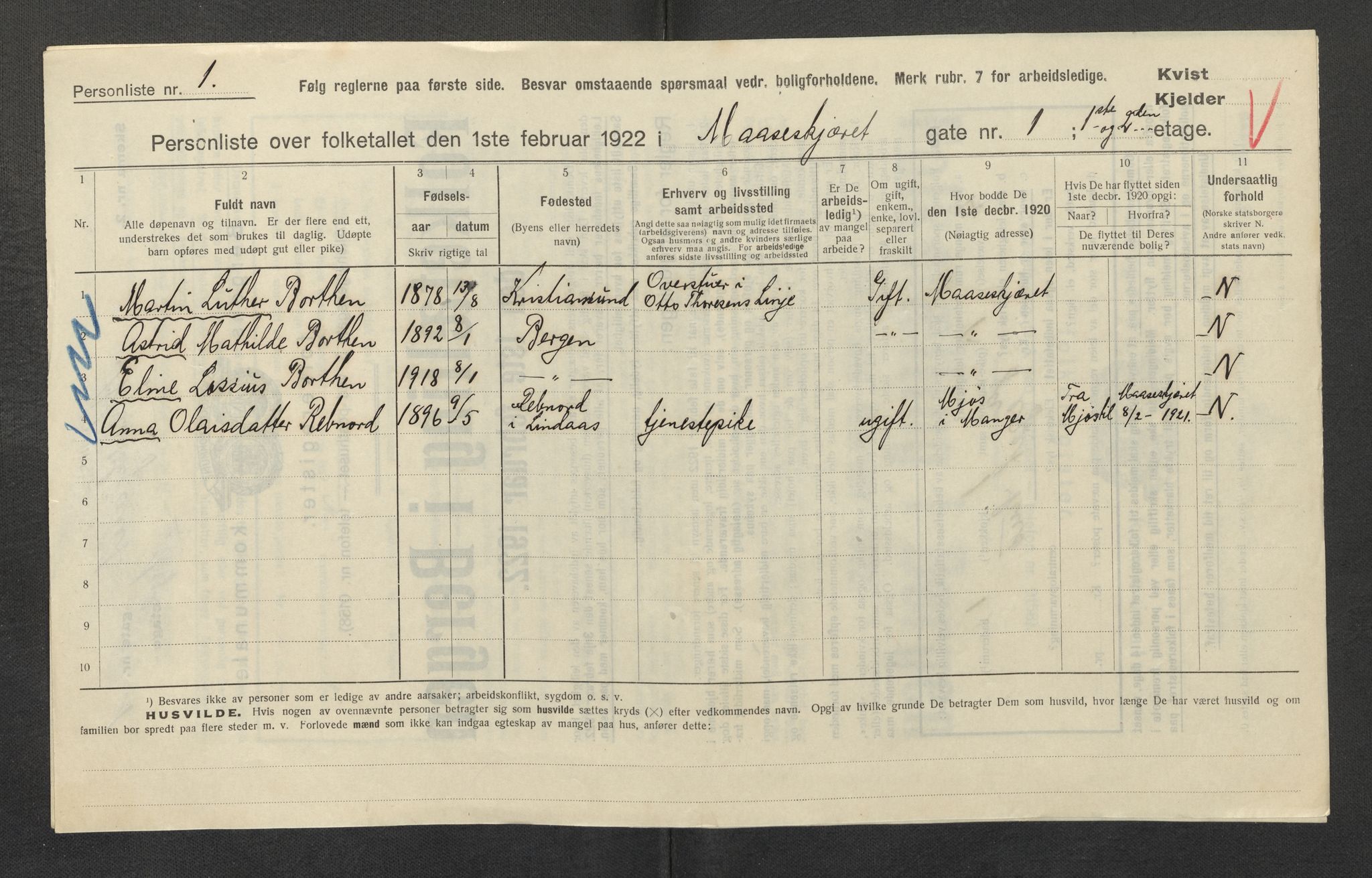 SAB, Municipal Census 1922 for Bergen, 1922, p. 23315