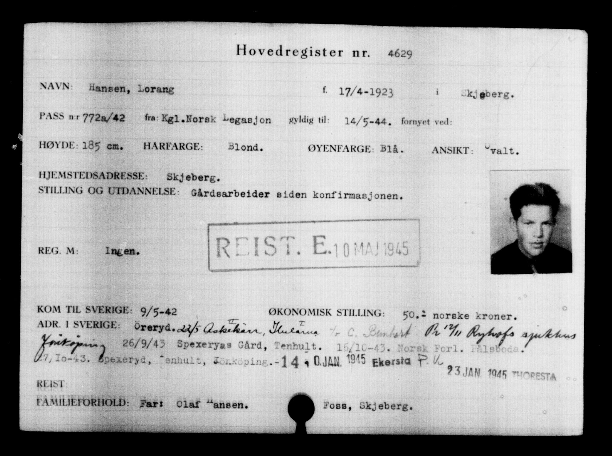 Utenriksstasjonene, Legasjonen i Stockholm, Flyktningkontoret, AV/RA-S-6753/V/Va/L0004: Kjesäterkartoteket, flyktninger med registreringsnr. 3496-6610, 1940-1945, p. 1343