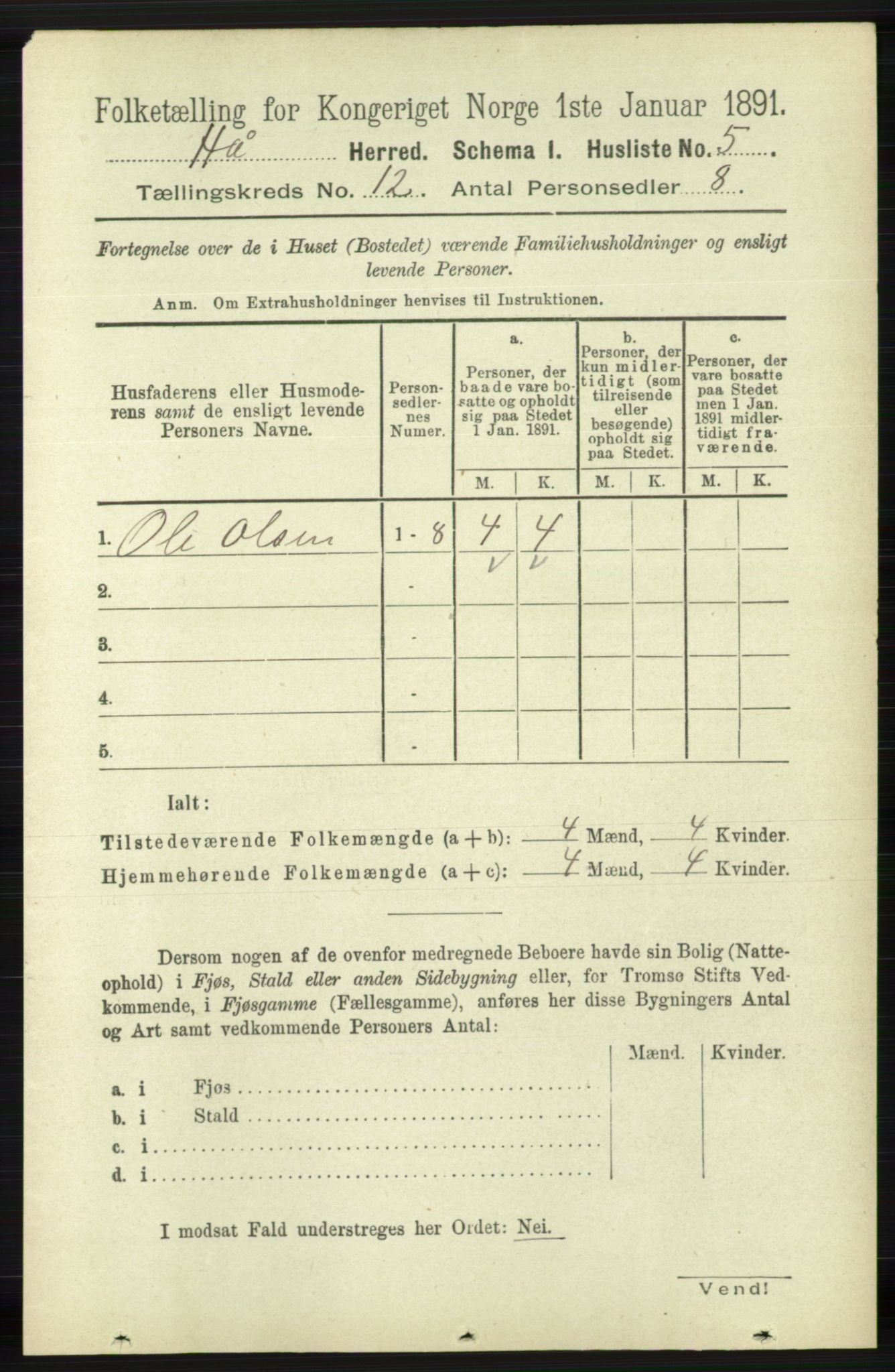 RA, 1891 census for 1119 Hå, 1891, p. 2845