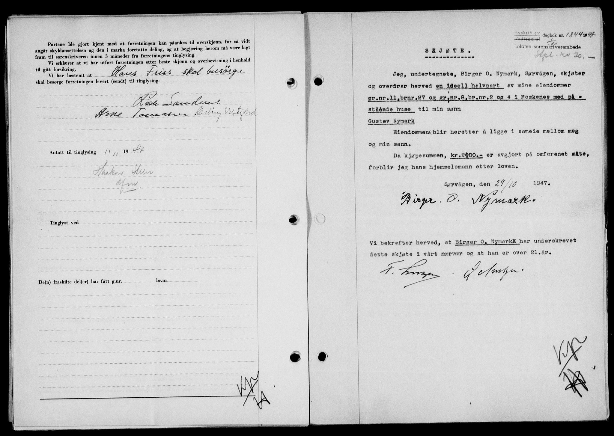 Lofoten sorenskriveri, SAT/A-0017/1/2/2C/L0017a: Mortgage book no. 17a, 1947-1948, Diary no: : 1844/1947