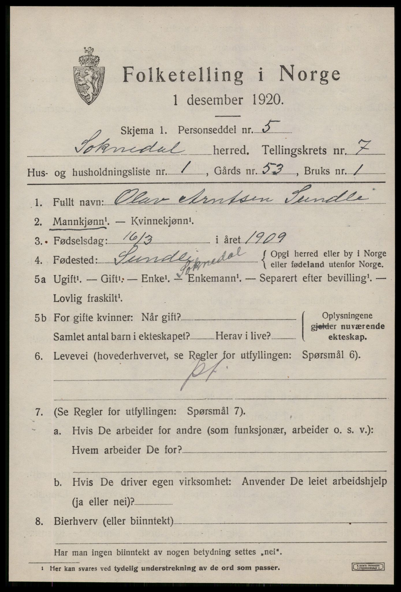 SAT, 1920 census for Soknedal, 1920, p. 3454