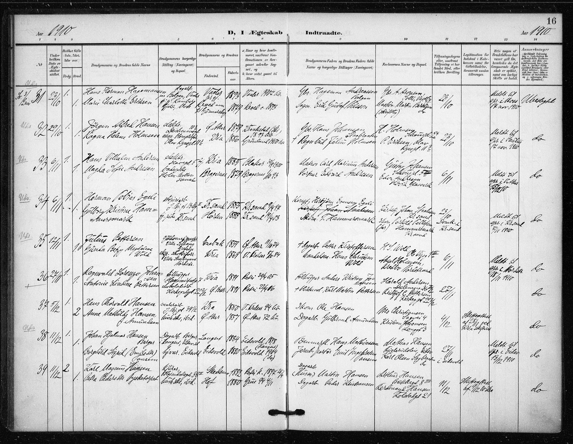 Tøyen prestekontor Kirkebøker, AV/SAO-A-10167a/F/Fa/L0002: Parish register (official) no. I 2, 1907-1916, p. 16