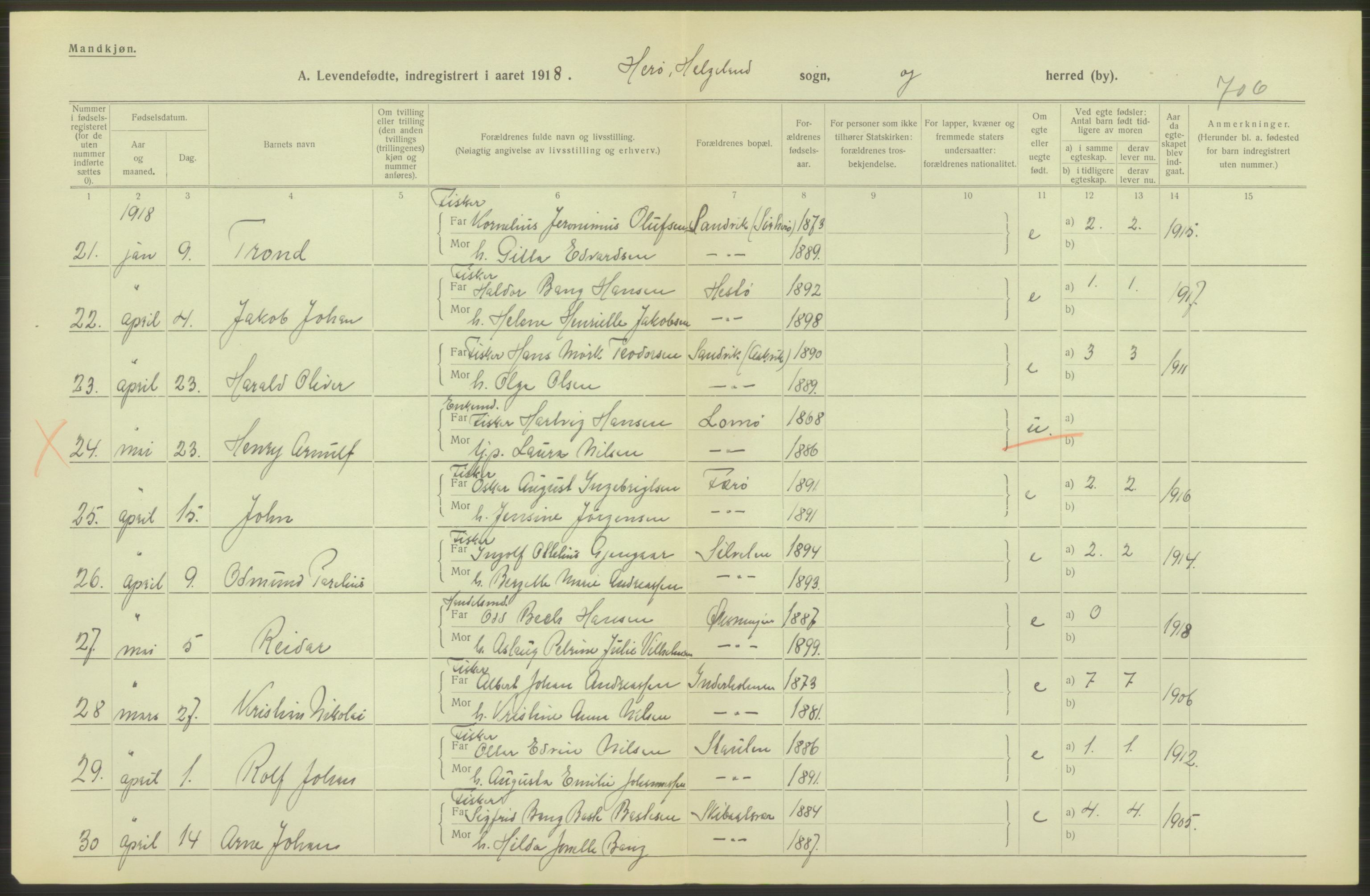 Statistisk sentralbyrå, Sosiodemografiske emner, Befolkning, AV/RA-S-2228/D/Df/Dfb/Dfbh/L0052: Nordland fylke: Levendefødte menn og kvinner. Bygder., 1918, p. 96