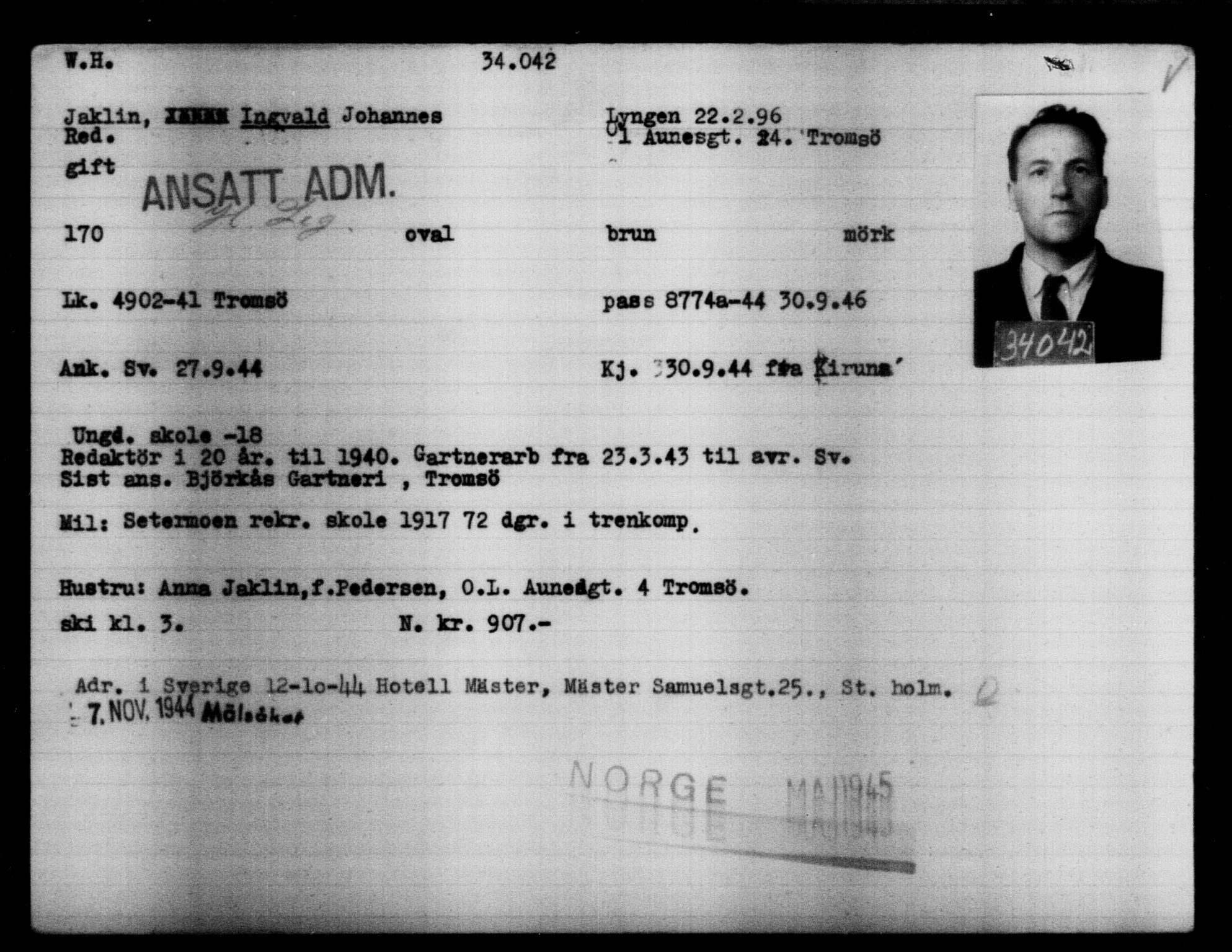Utenriksstasjonene, Legasjonen i Stockholm, Flyktningkontoret, AV/RA-S-6753/V/Va/L0013: Kjesäterkartoteket, flyktninger med registreringsnr. 31500-34731, 1940-1945, p. 2683