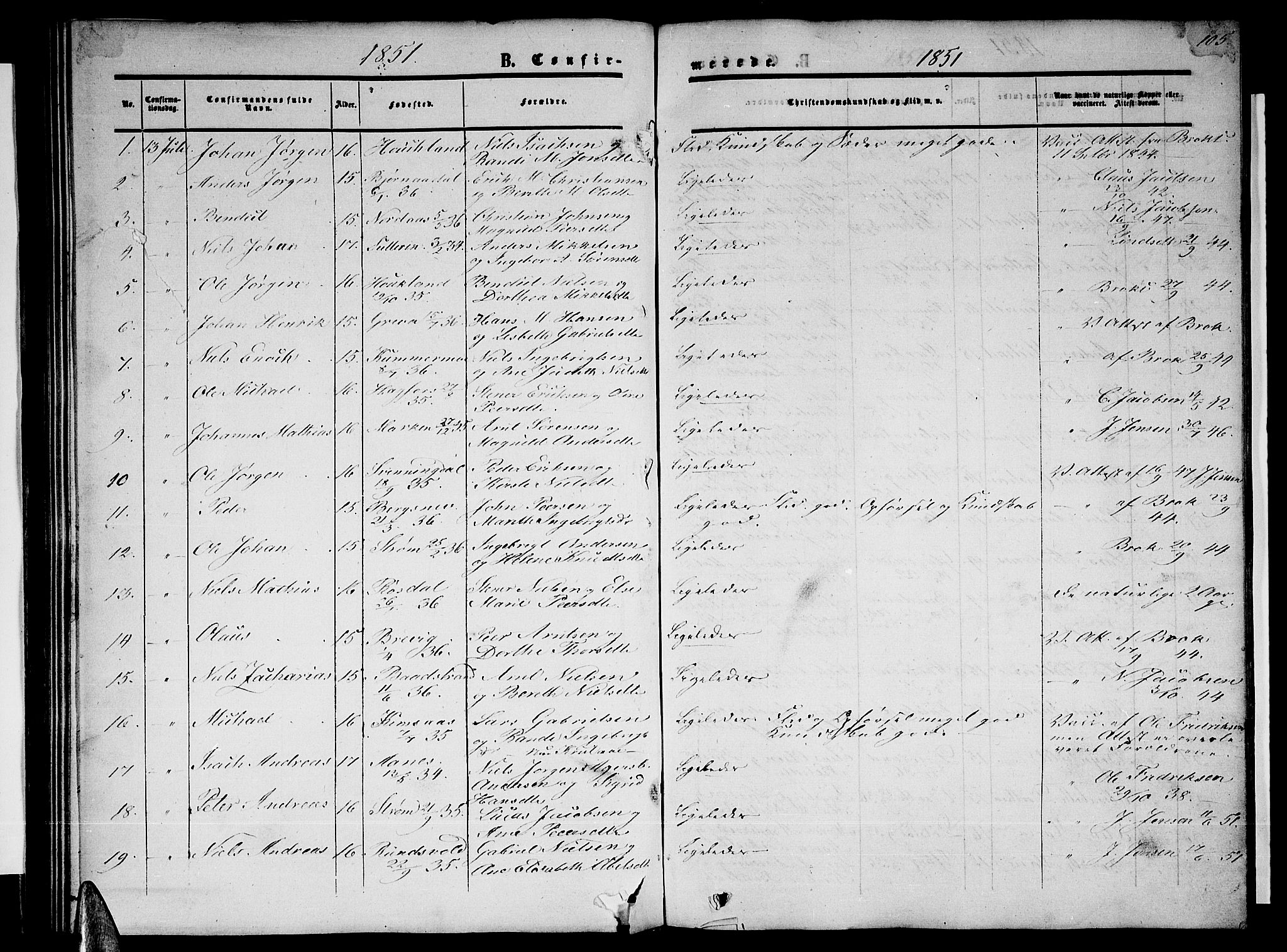 Ministerialprotokoller, klokkerbøker og fødselsregistre - Nordland, SAT/A-1459/820/L0301: Parish register (copy) no. 820C03, 1851-1858, p. 105