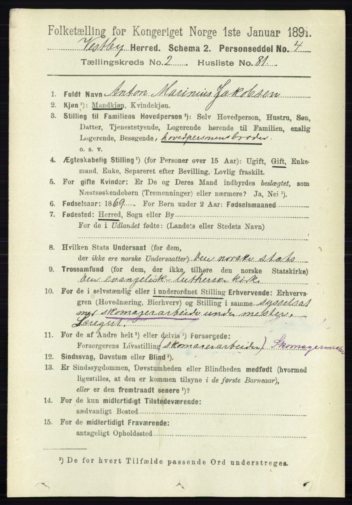 RA, 1891 census for 0211 Vestby, 1891, p. 948