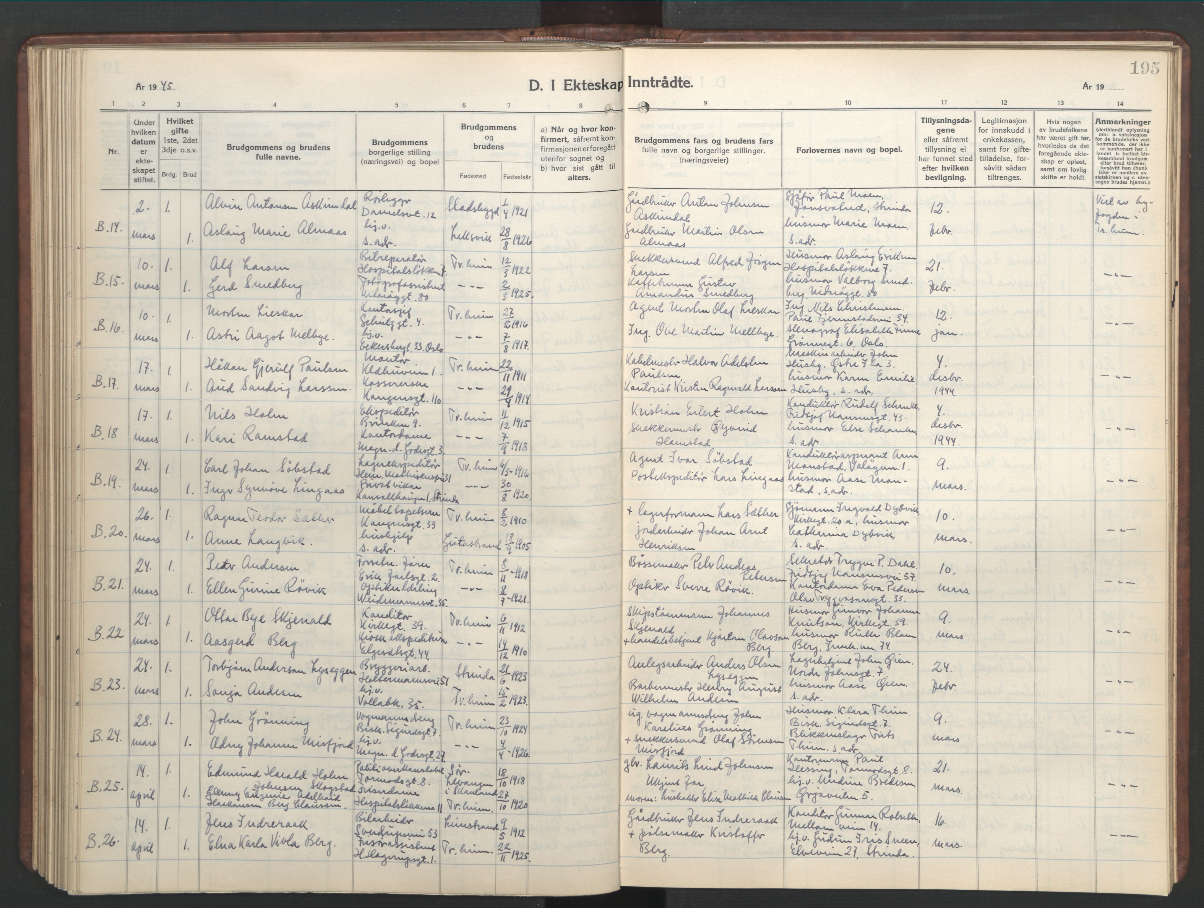 Ministerialprotokoller, klokkerbøker og fødselsregistre - Sør-Trøndelag, SAT/A-1456/601/L0101: Parish register (copy) no. 601C19, 1935-1946, p. 195