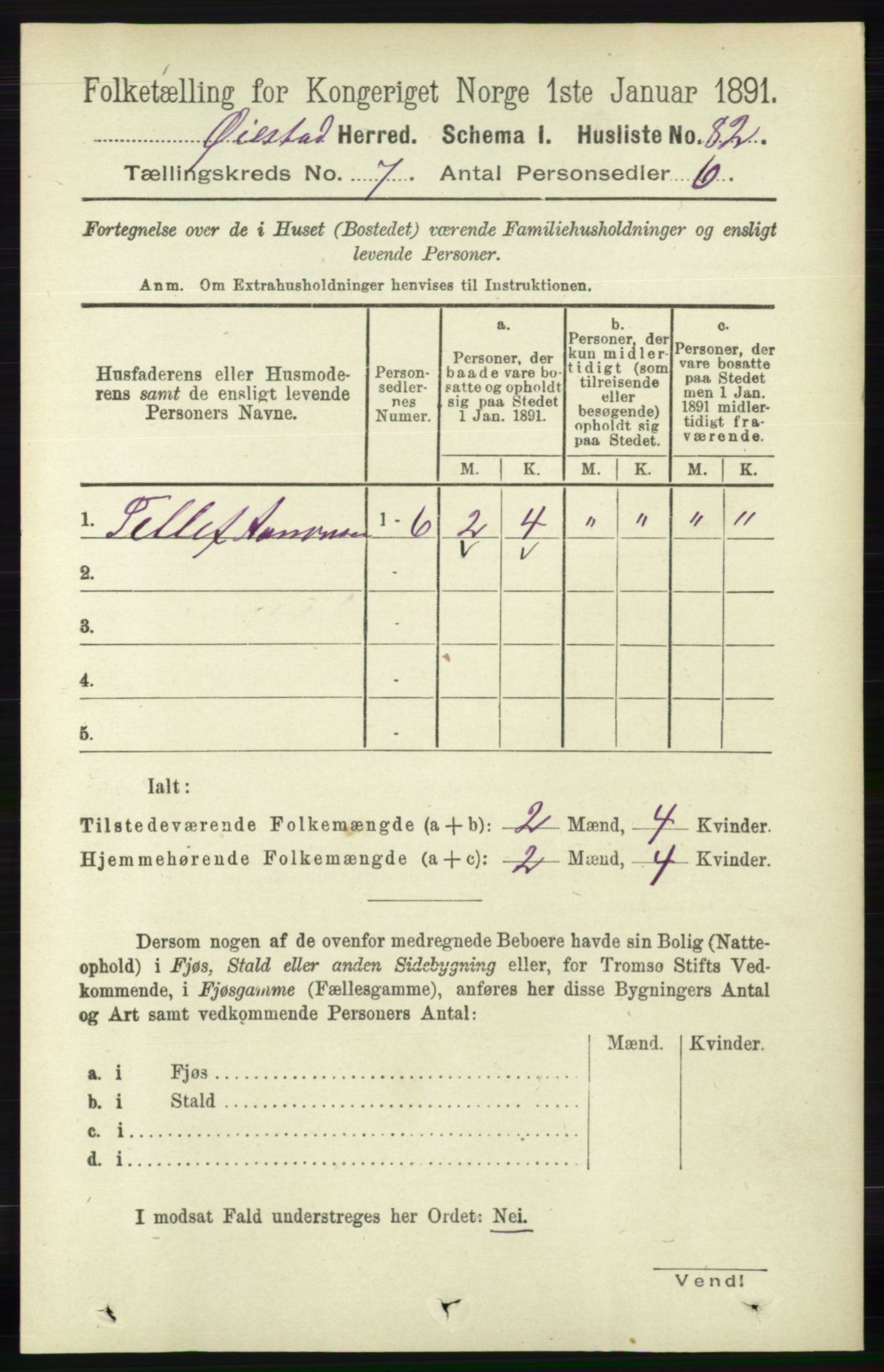 RA, 1891 census for 0920 Øyestad, 1891, p. 2650