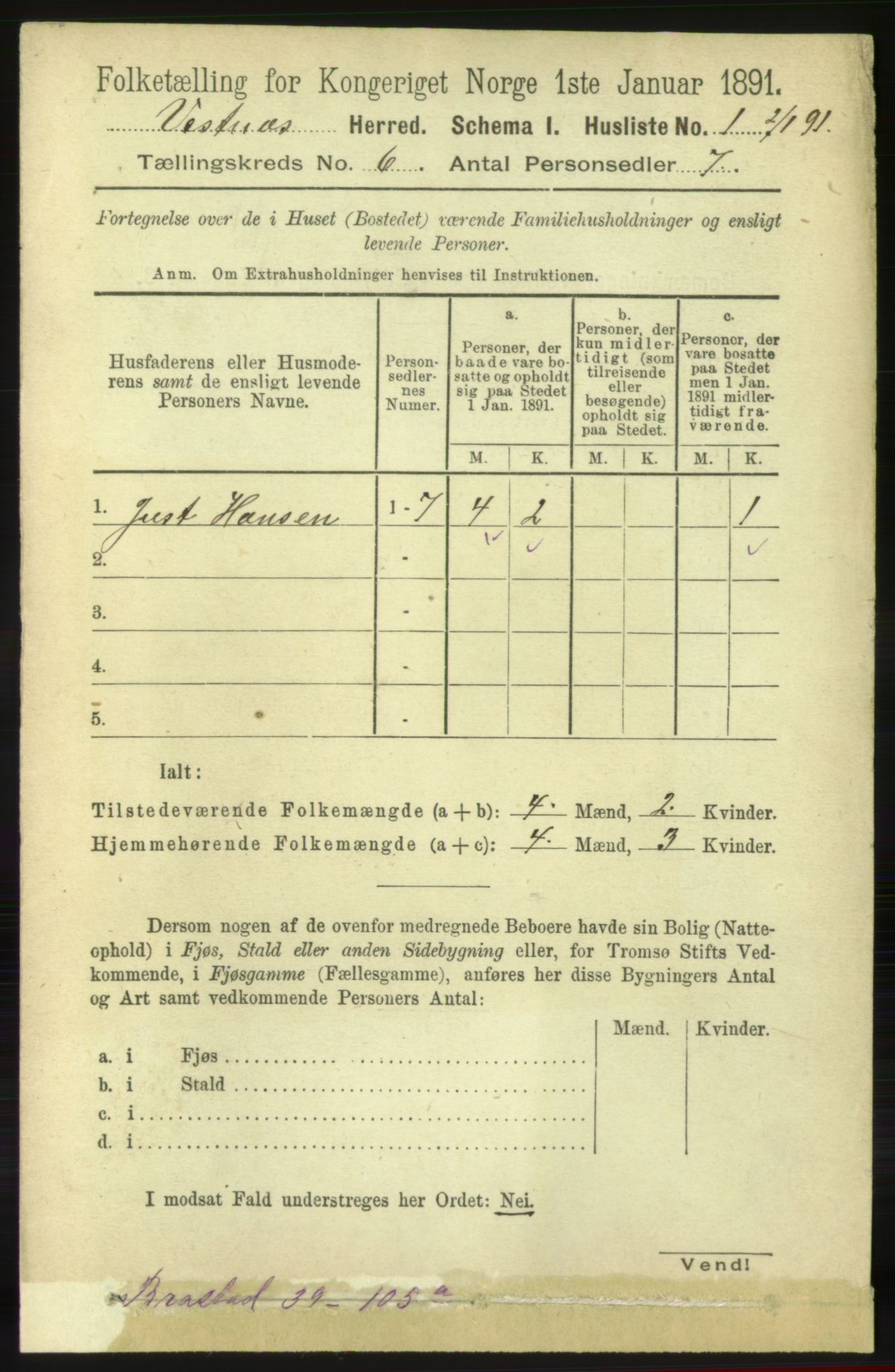 RA, 1891 census for 1535 Vestnes, 1891, p. 2121