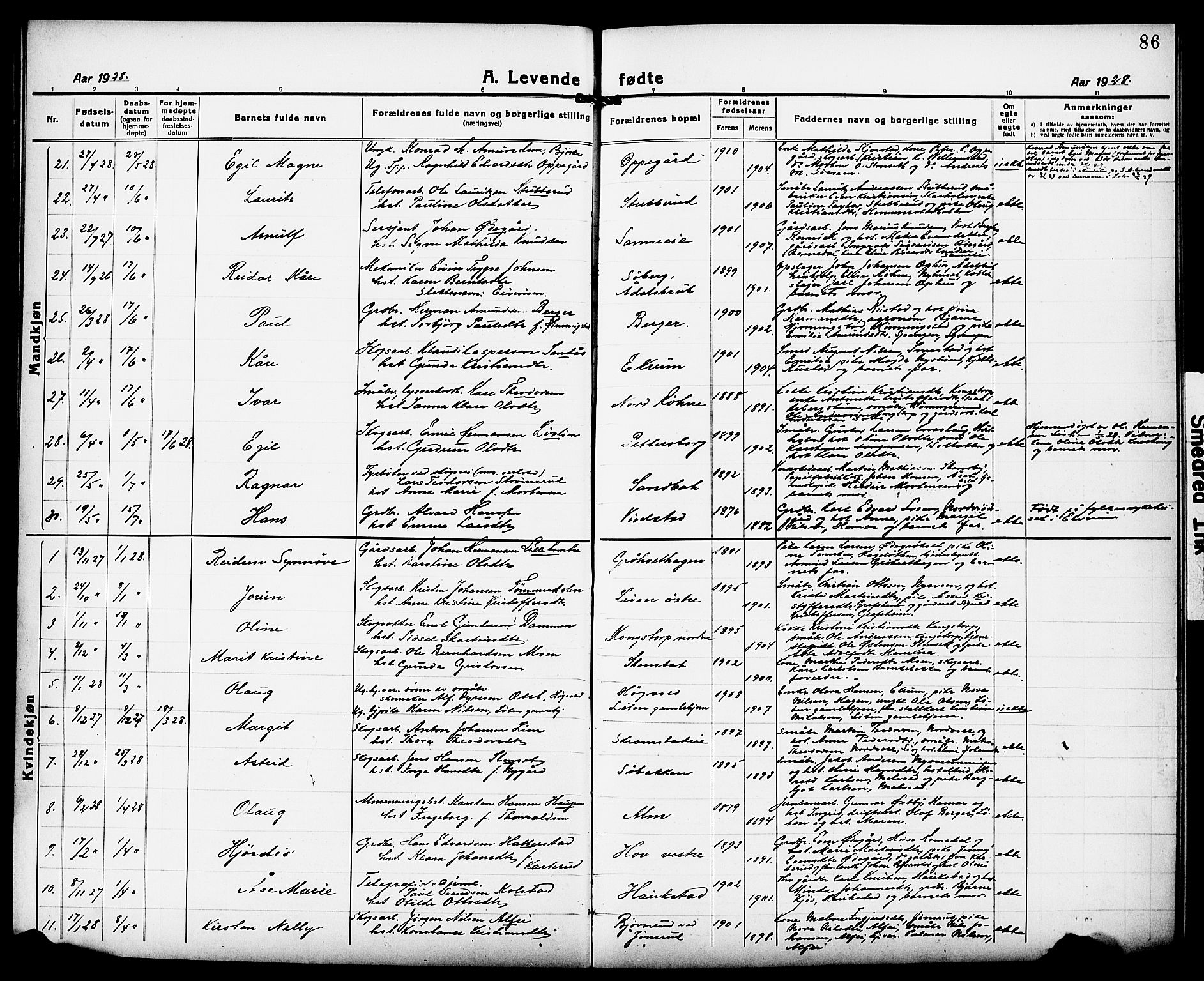 Løten prestekontor, AV/SAH-PREST-022/L/La/L0008: Parish register (copy) no. 8, 1920-1929, p. 86