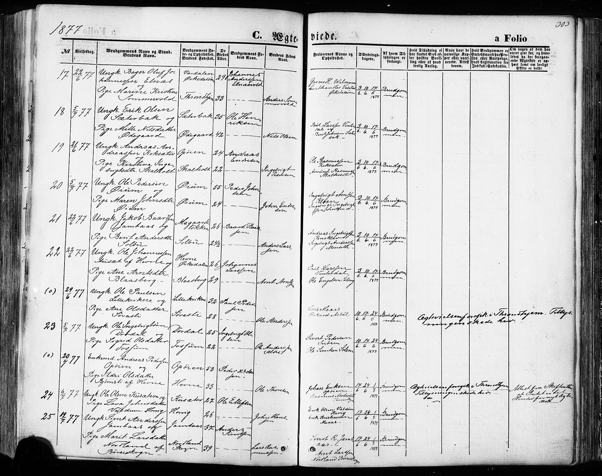 Ministerialprotokoller, klokkerbøker og fødselsregistre - Sør-Trøndelag, AV/SAT-A-1456/668/L0807: Parish register (official) no. 668A07, 1870-1880, p. 303