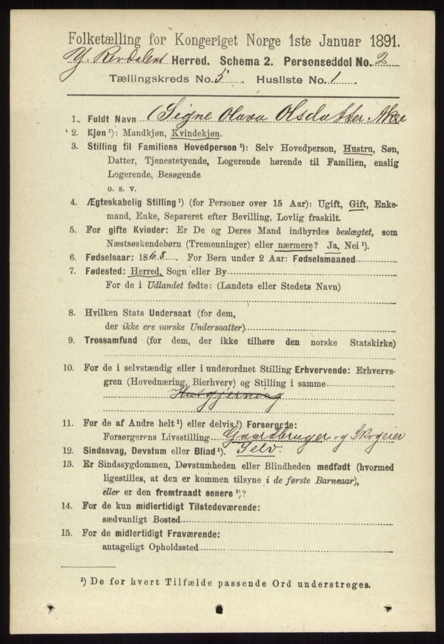 RA, 1891 census for 0432 Ytre Rendal, 1891, p. 1247