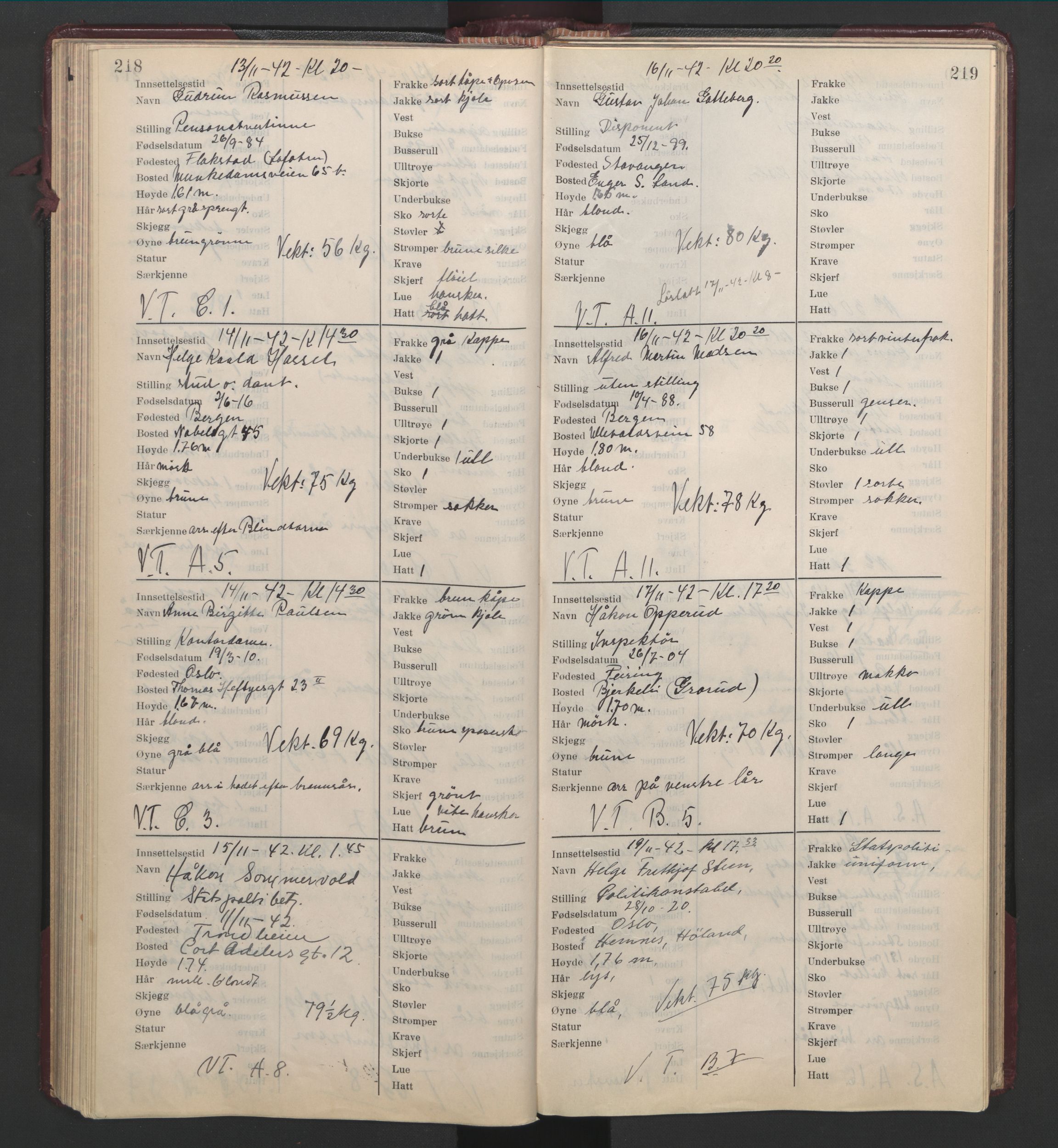 Statspolitiet - Hovedkontoret / Osloavdelingen, AV/RA-S-1329/C/Cl/L0014: Mottakelsesprotokoll, 1941-1944, p. 218-219