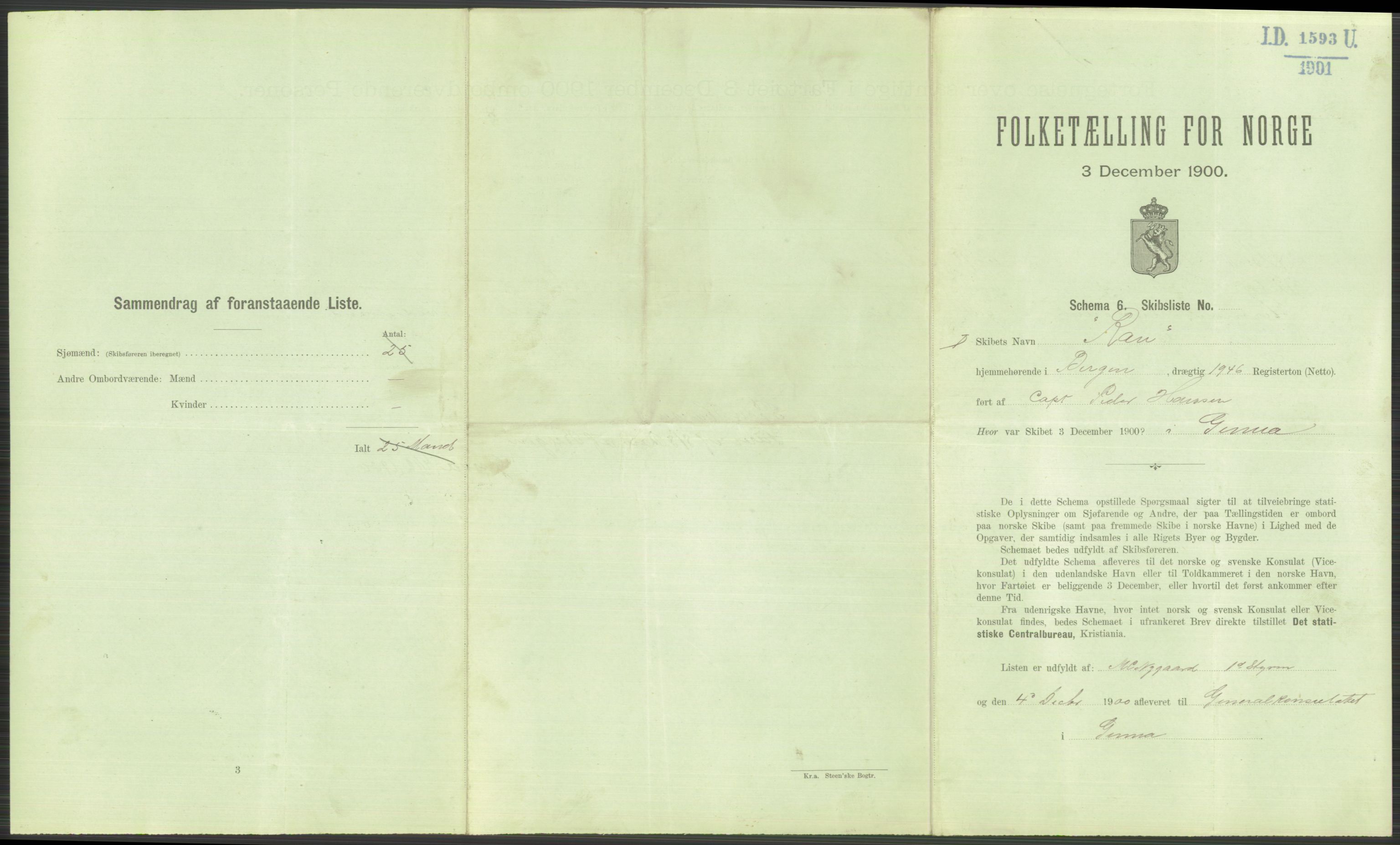 RA, 1900 Census - ship lists from ships in Norwegian harbours, harbours abroad and at sea, 1900, p. 4737