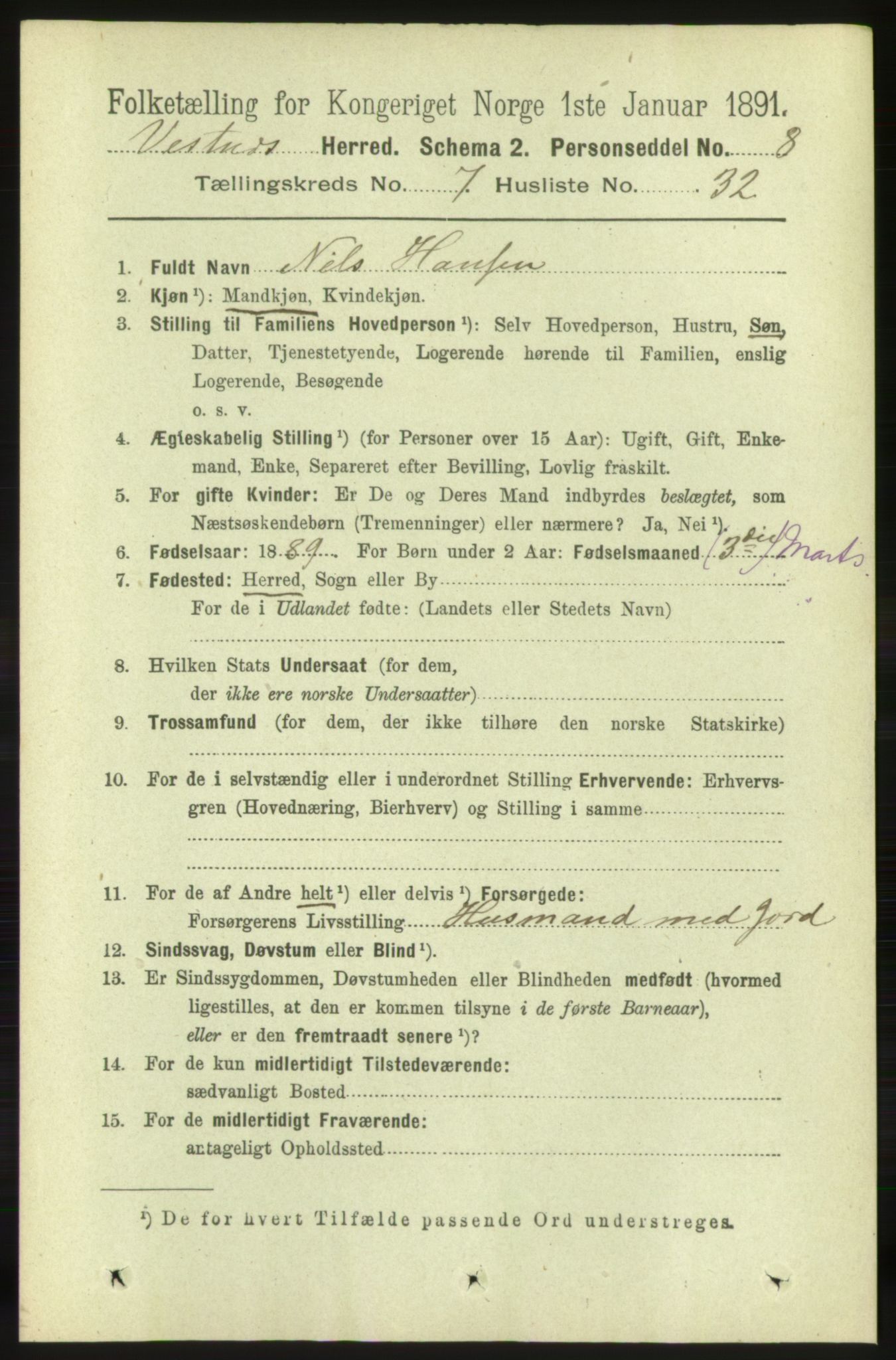 RA, 1891 census for 1535 Vestnes, 1891, p. 2904
