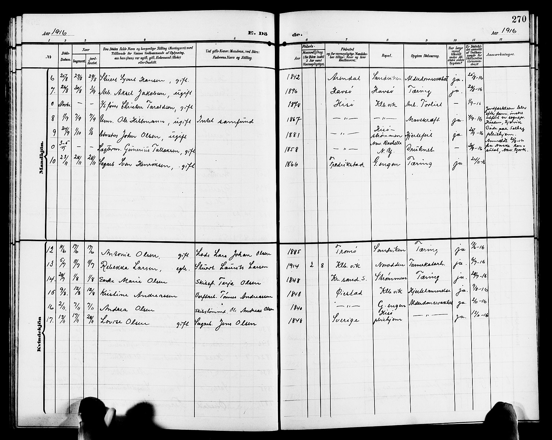 Hisøy sokneprestkontor, AV/SAK-1111-0020/F/Fb/L0004: Parish register (copy) no. B 4, 1905-1923, p. 270