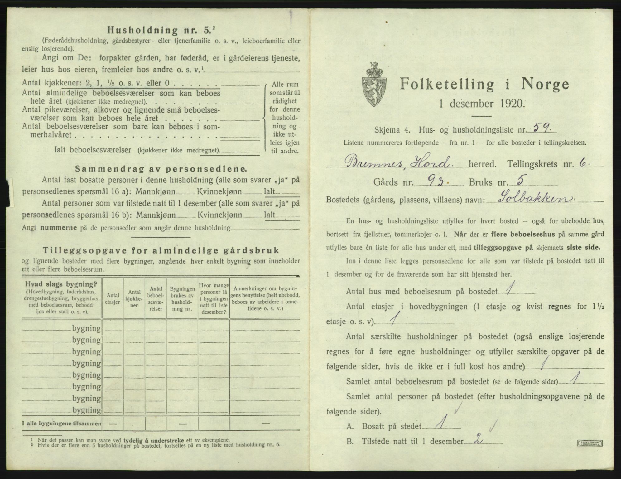 SAB, 1920 census for Bremnes, 1920, p. 478