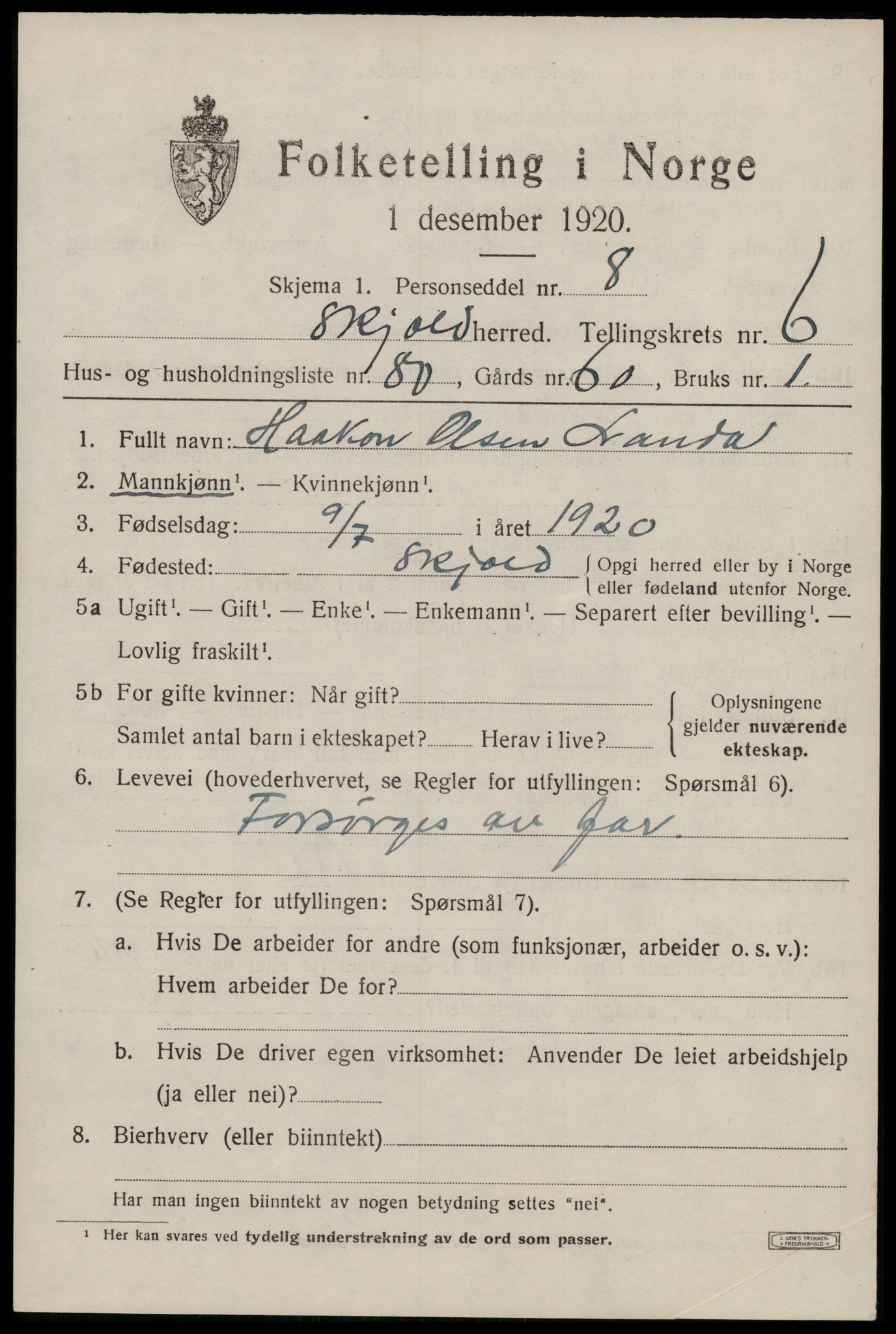 SAST, 1920 census for Skjold, 1920, p. 3884