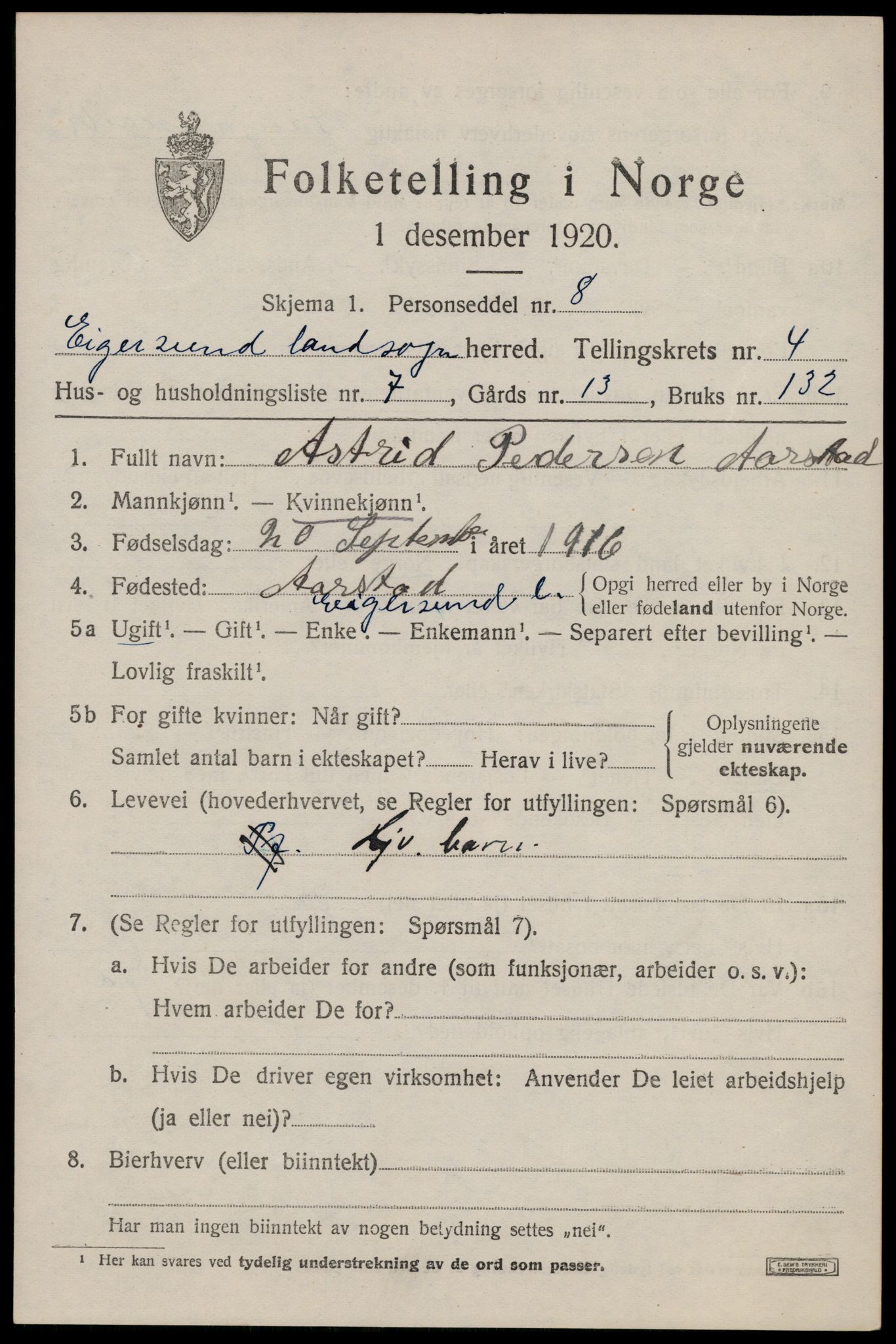 SAST, 1920 census for Eigersund, 1920, p. 2889